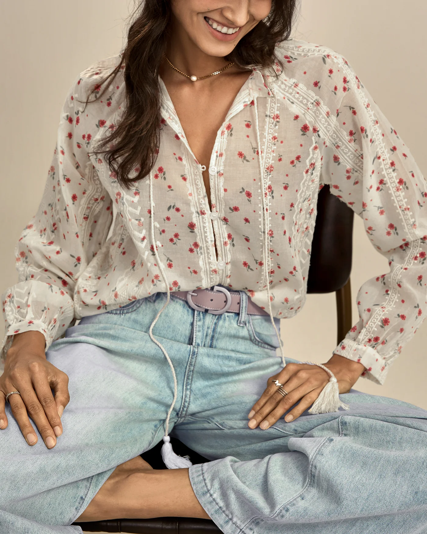 Apricot Floral Bishop Sleeve Shirt