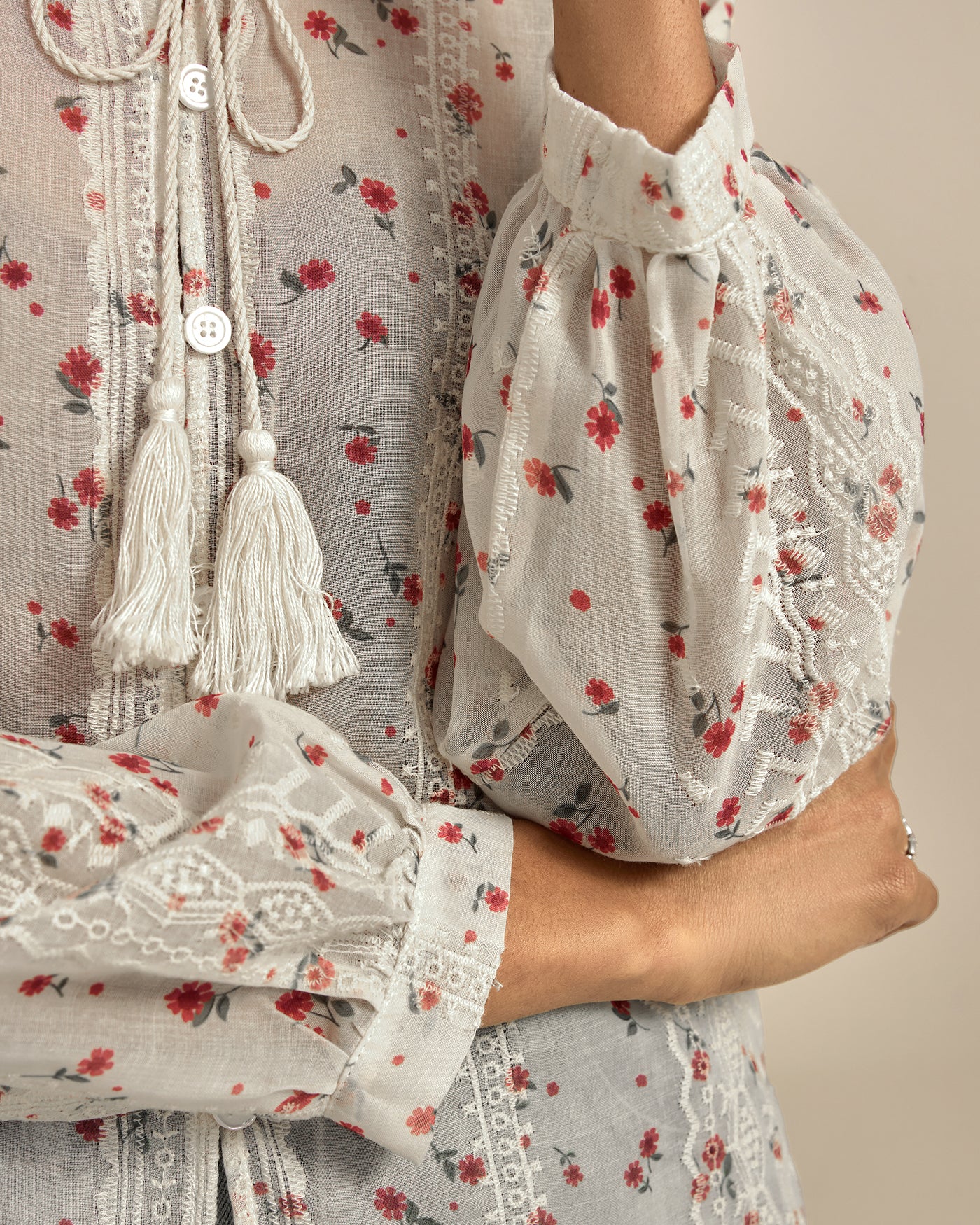 Apricot Floral Bishop Sleeve Shirt - Image 2