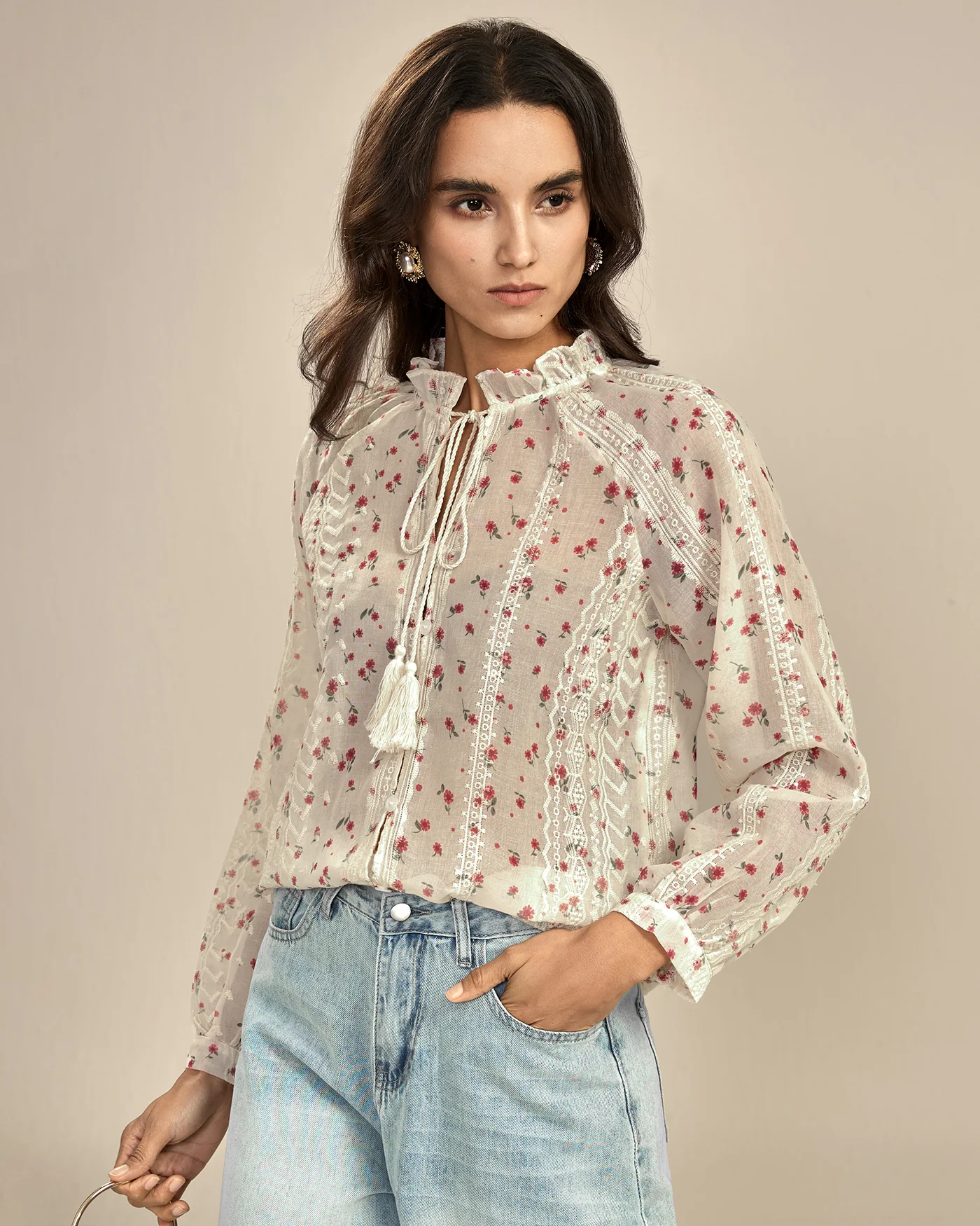 Apricot Floral Bishop Sleeve Shirt - Image 3