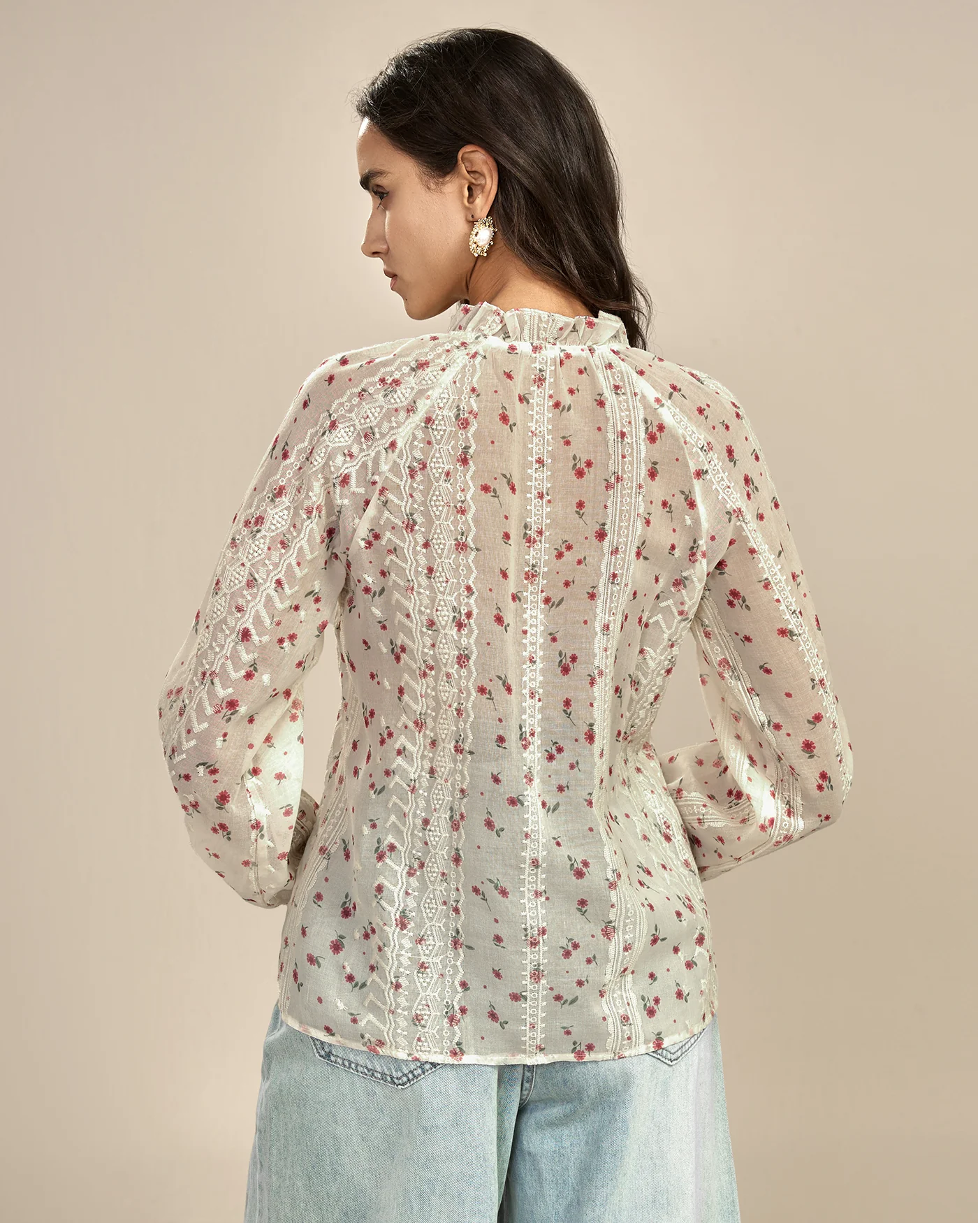 Apricot Floral Bishop Sleeve Shirt - Image 4