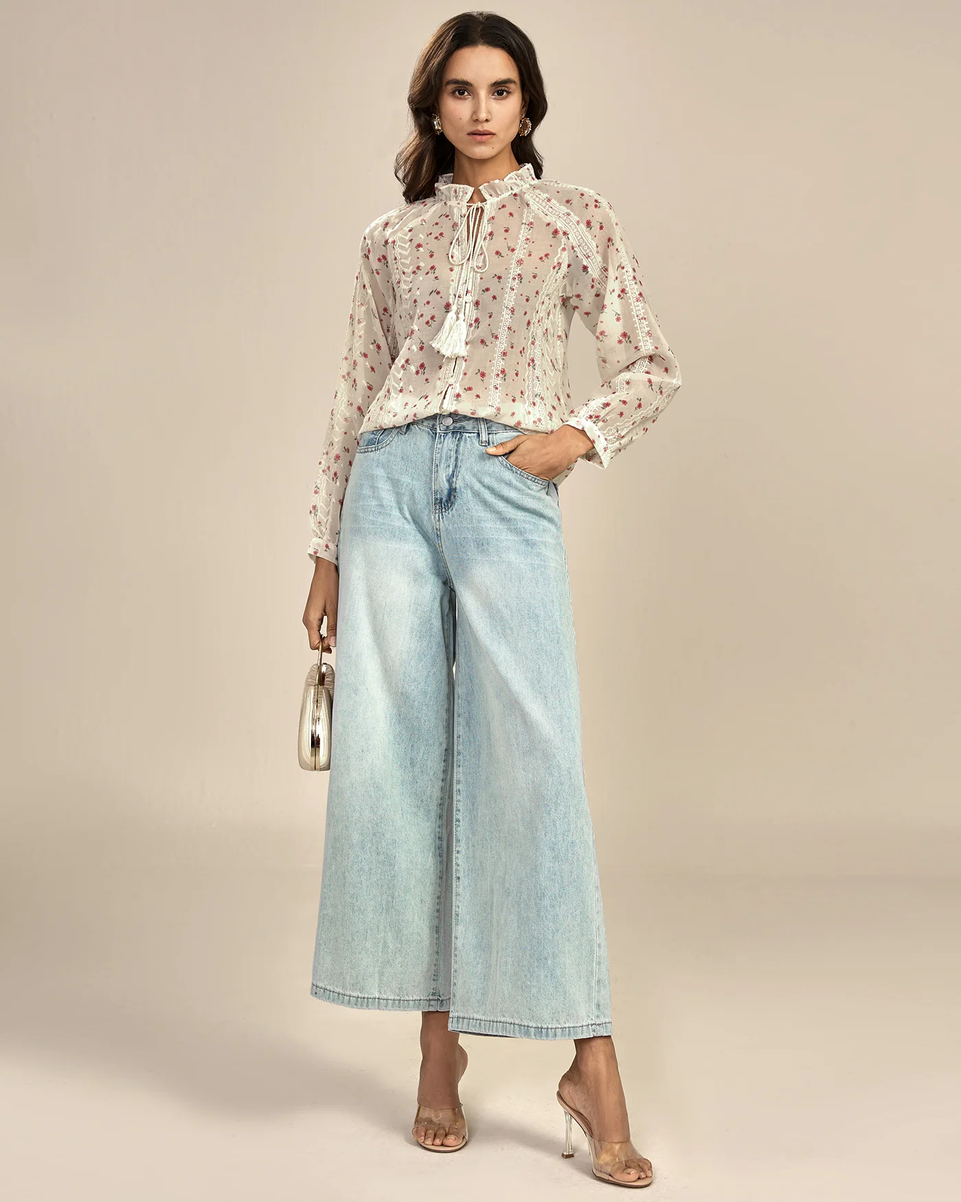 Apricot Floral Bishop Sleeve Shirt - Image 5