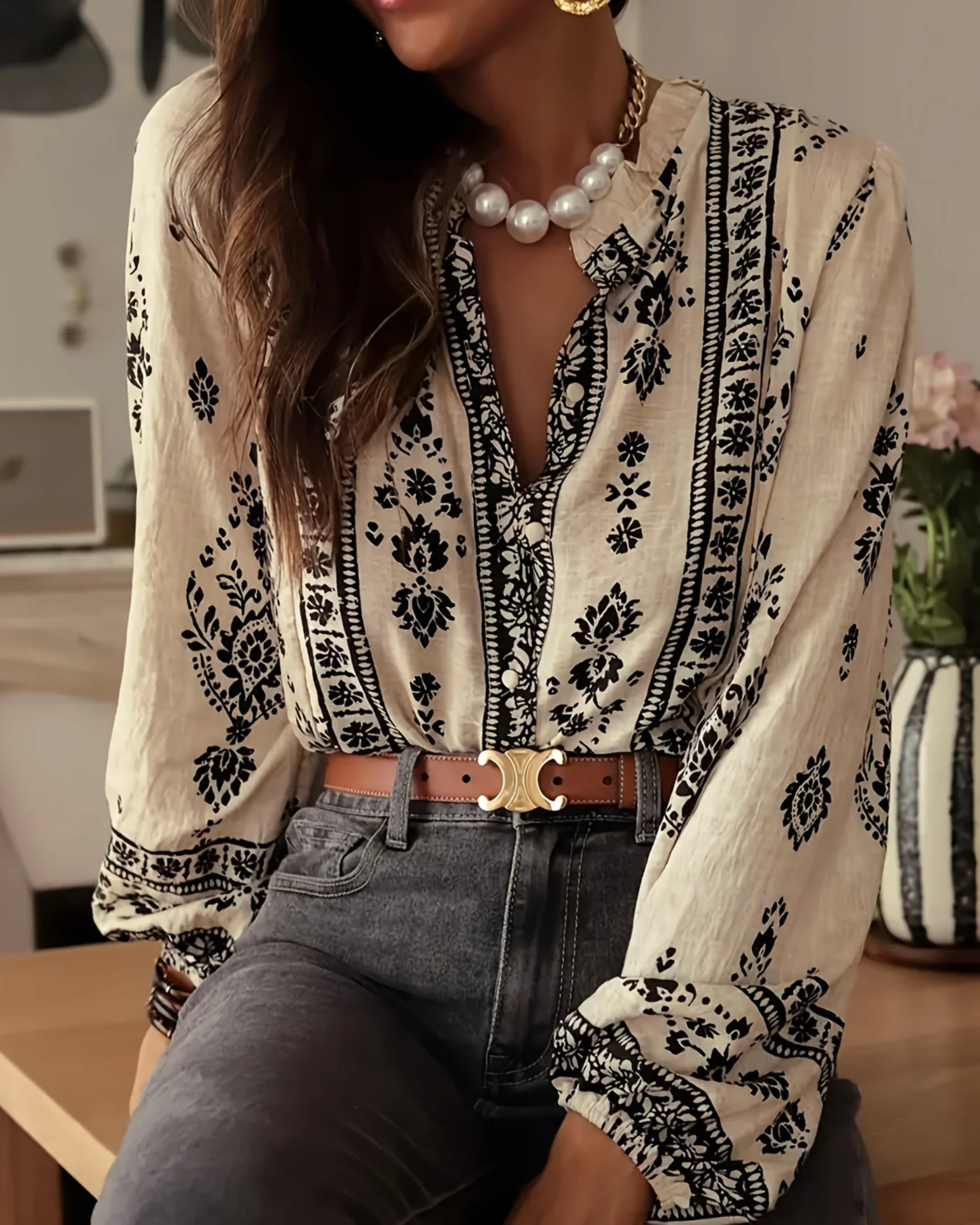Apricot Floral Ruffled Bishop Sleeve Shirt