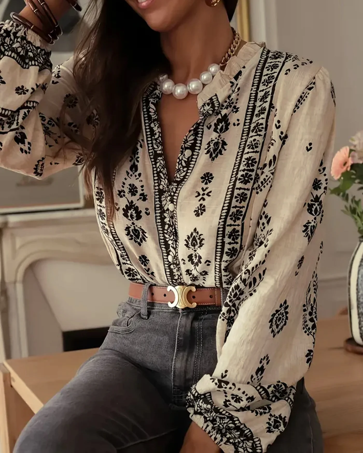 Apricot Floral Ruffled Bishop Sleeve Shirt - Image 4