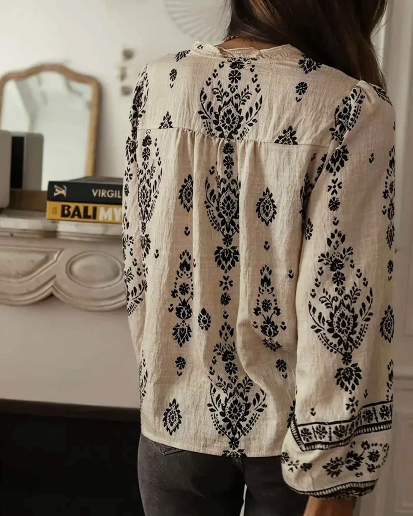 Apricot Floral Ruffled Bishop Sleeve Shirt - Image 5