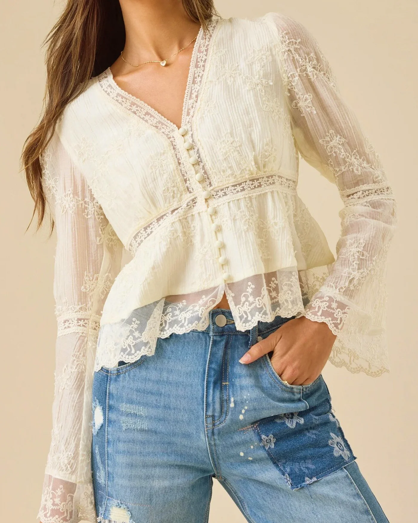 Apricot Floral V Neck Shirt