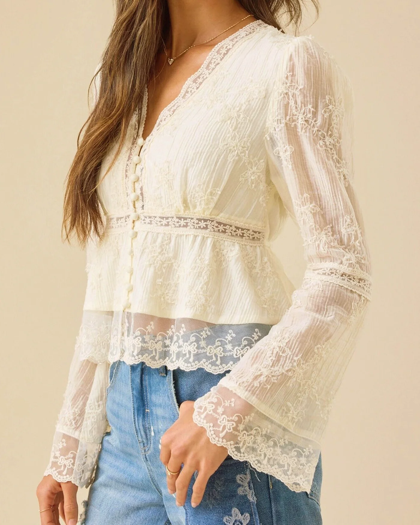 Apricot Floral V Neck Shirt - Image 2