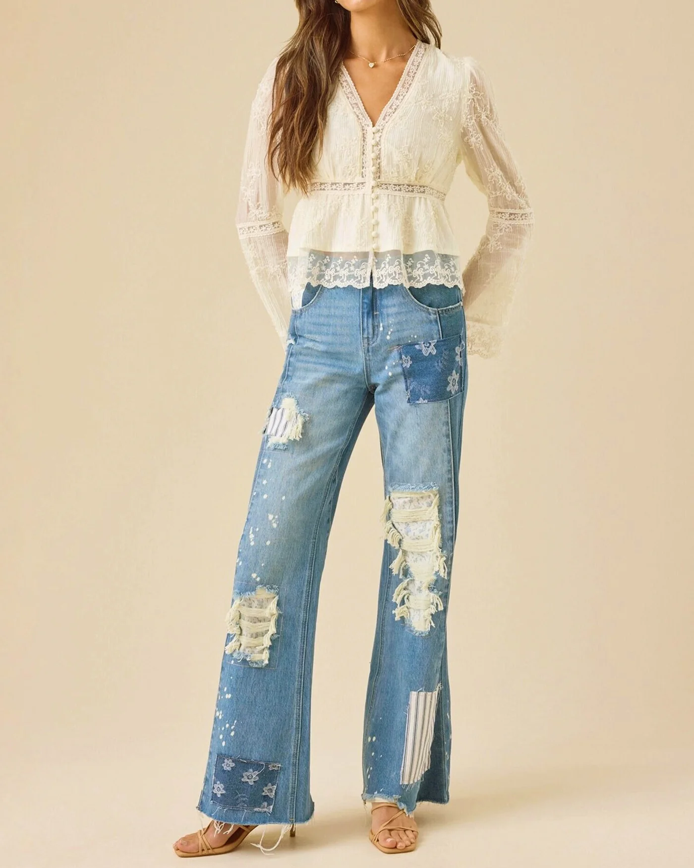 Apricot Floral V Neck Shirt - Image 4
