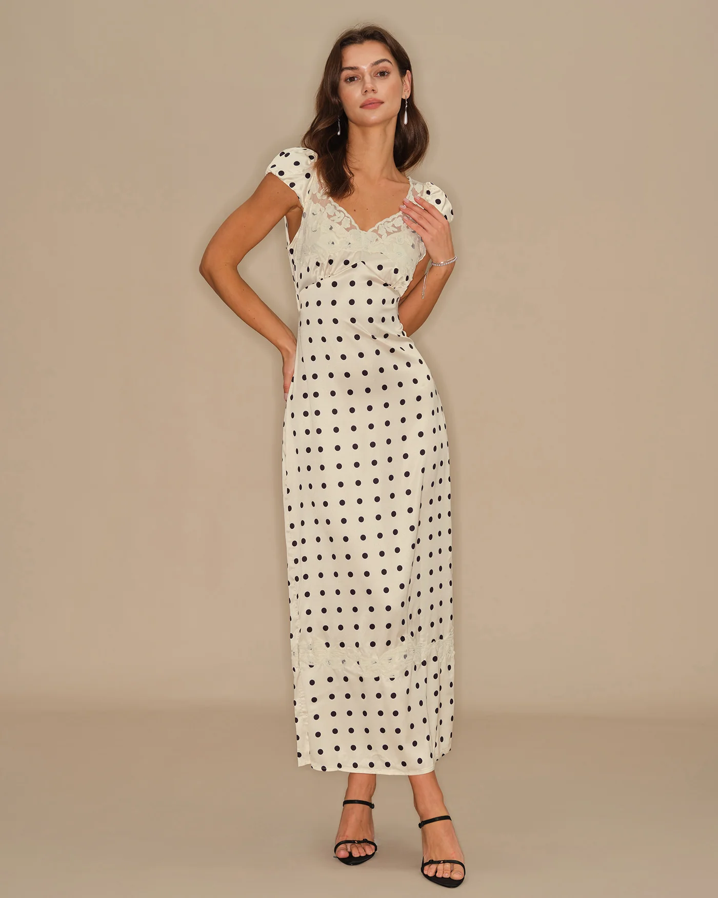 Apricot Polka Dot Lace Maxi Dress