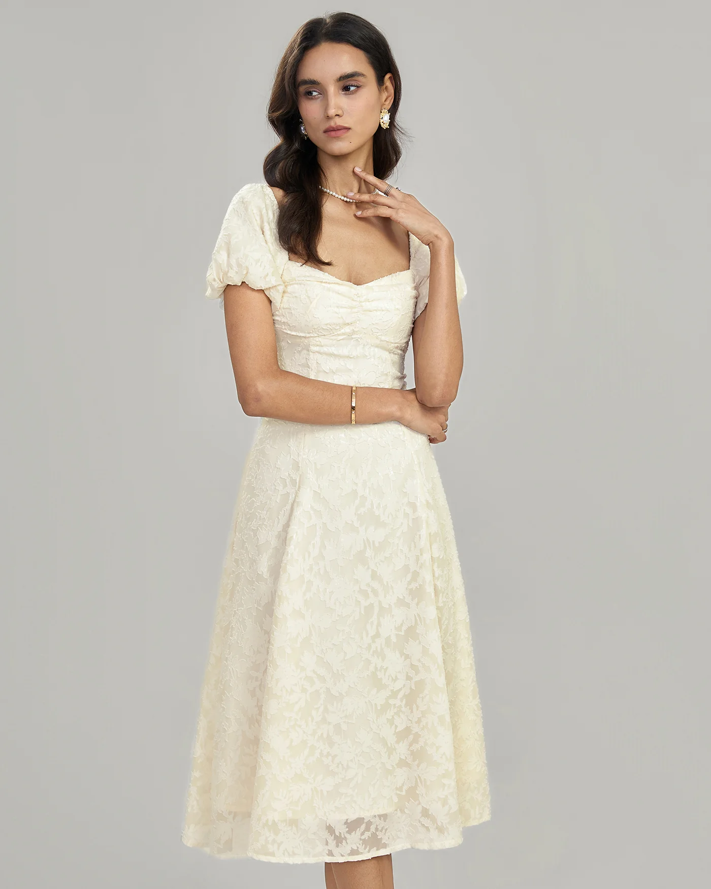Apricot Square Neck Jacquard Midi Dress