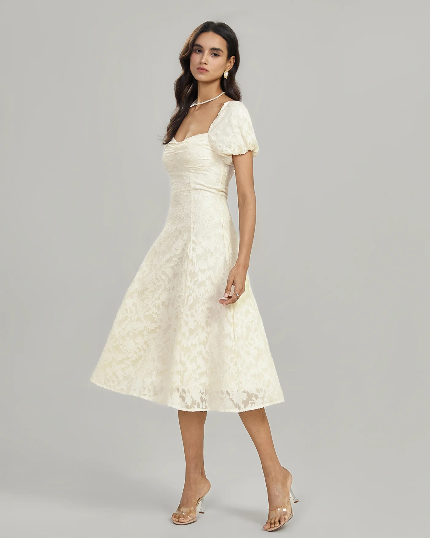 Apricot Square Neck Jacquard Midi Dress - Image 3