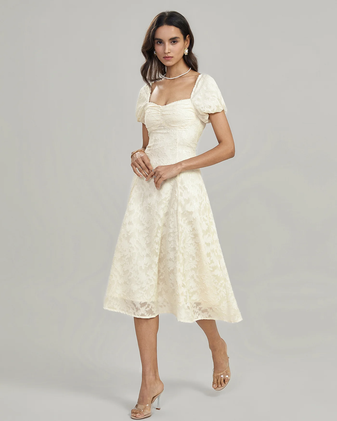 Apricot Square Neck Jacquard Midi Dress - Image 4