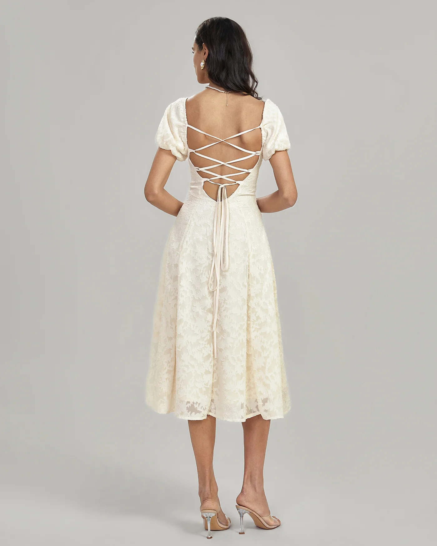 Apricot Square Neck Jacquard Midi Dress - Image 5