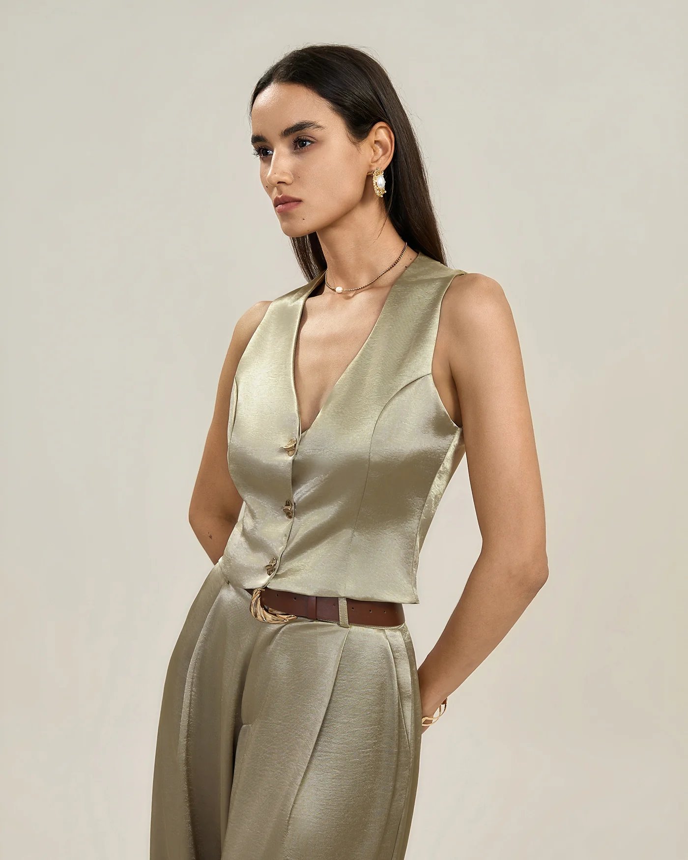 Apricot V Neck Button Vest - Image 3
