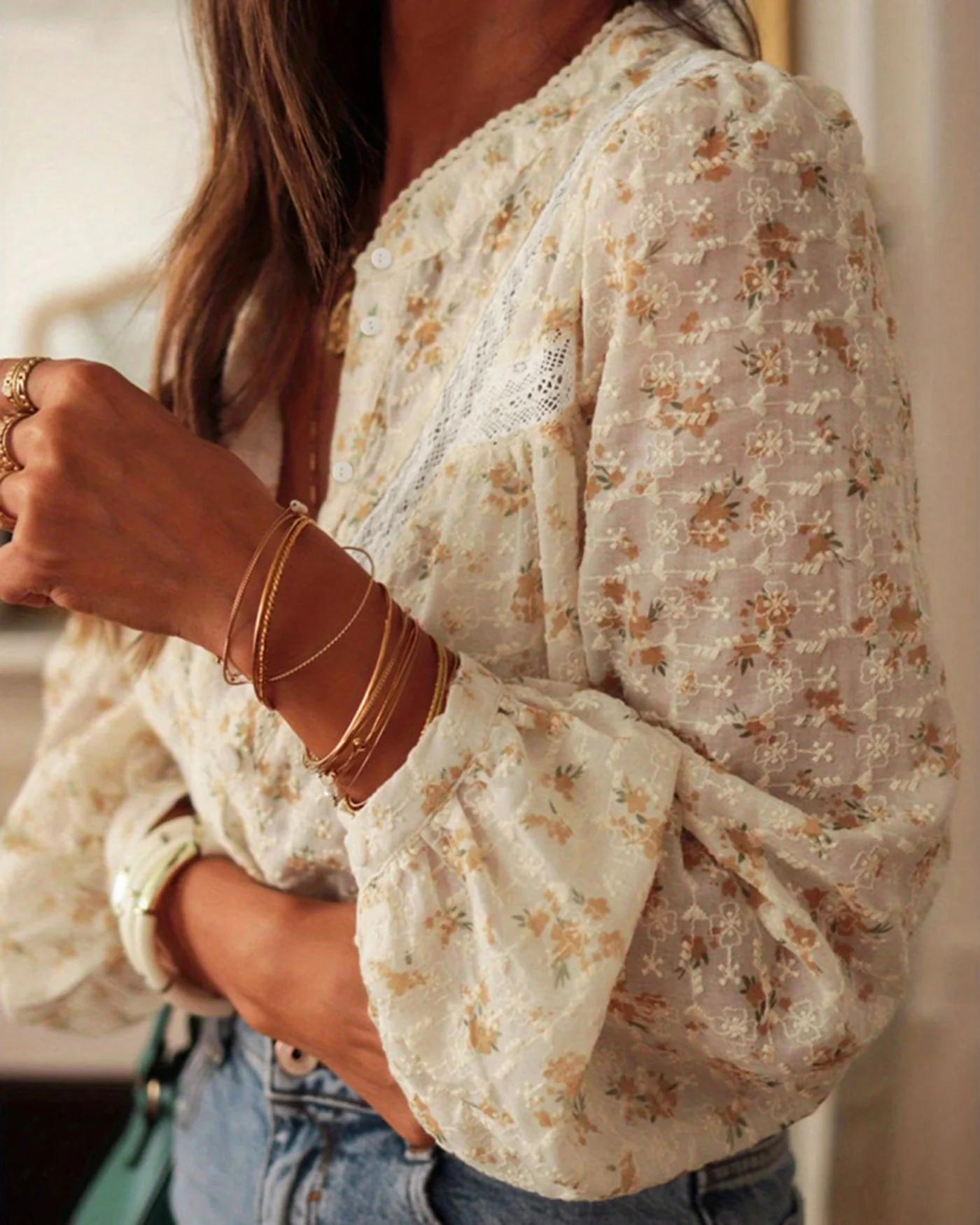 Apricot V Neck Floral Shirt - Image 3