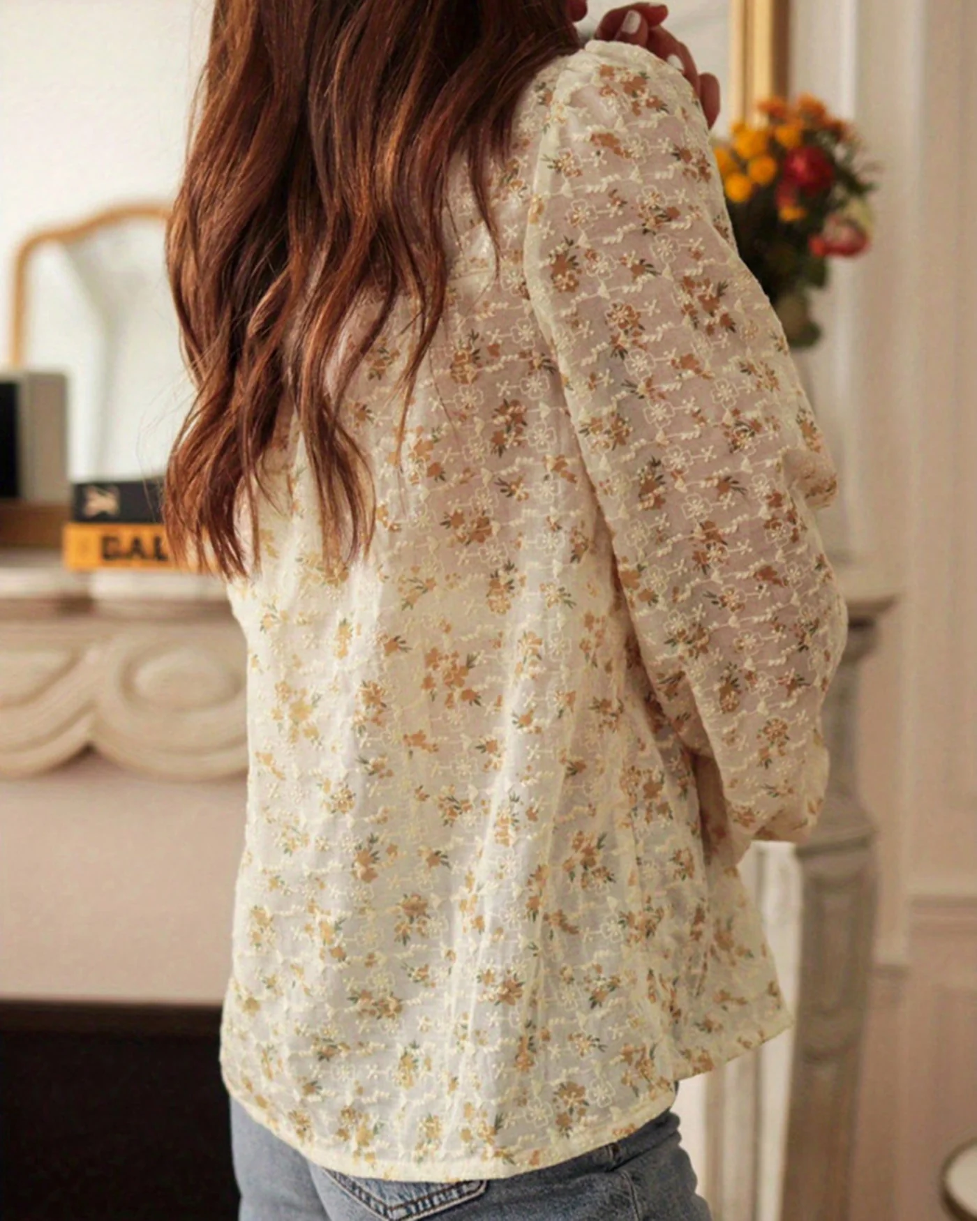 Apricot V Neck Floral Shirt - Image 4