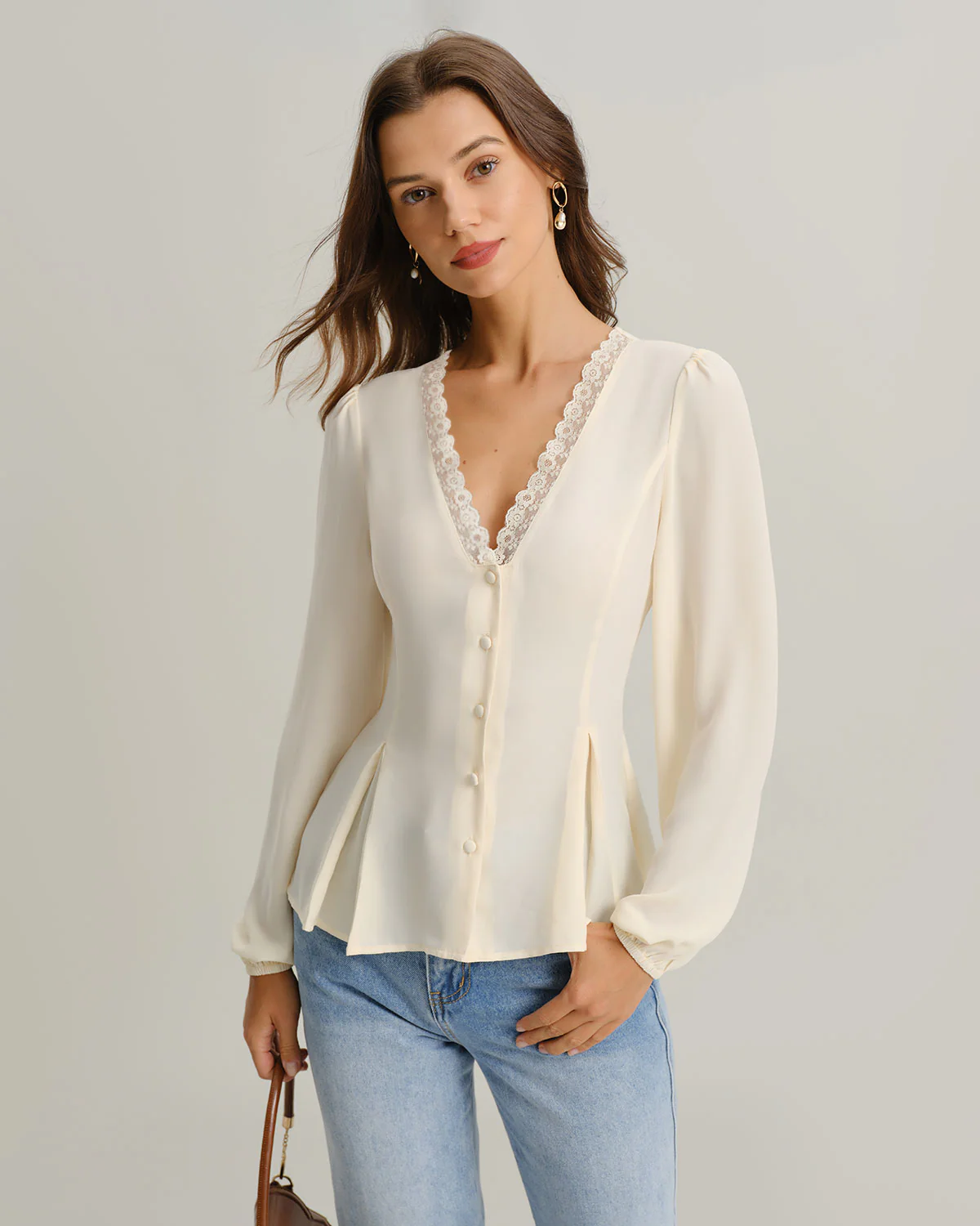 Apricot V Neck Lace Lantern Sleeve Blouse