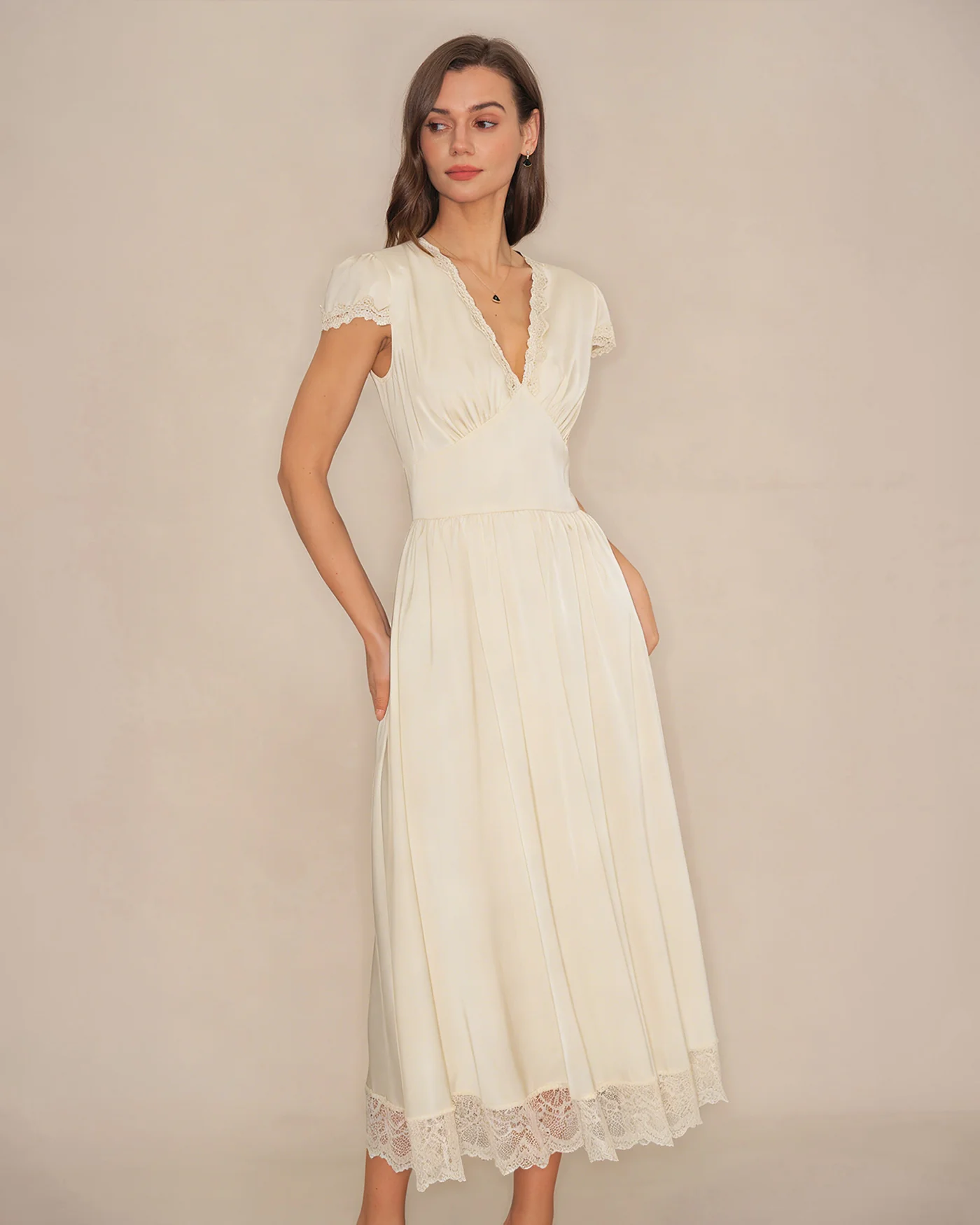 Apricot V Neck Lace Maxi Dress - Image 10