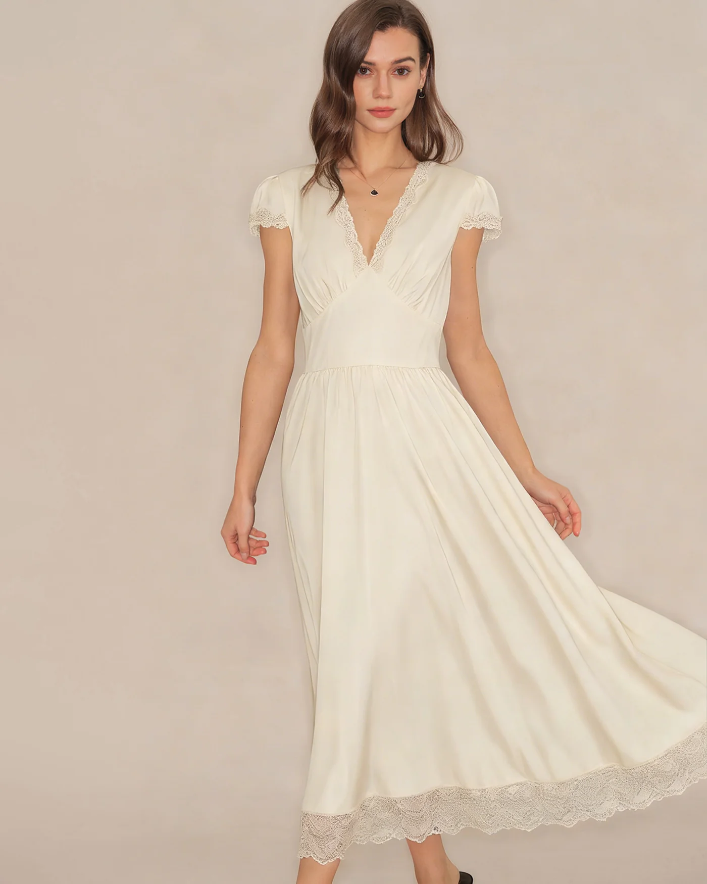 Apricot V Neck Lace Maxi Dress - Image 11
