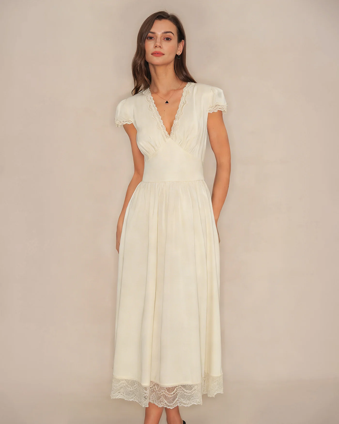 Apricot V Neck Lace Maxi Dress - Image 7