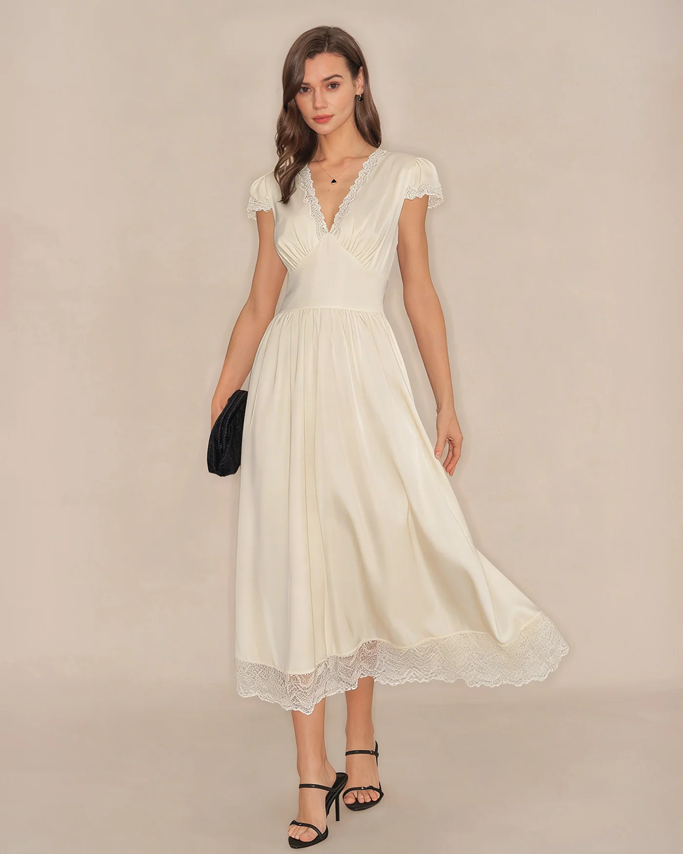 Apricot V Neck Lace Maxi Dress - Image 9