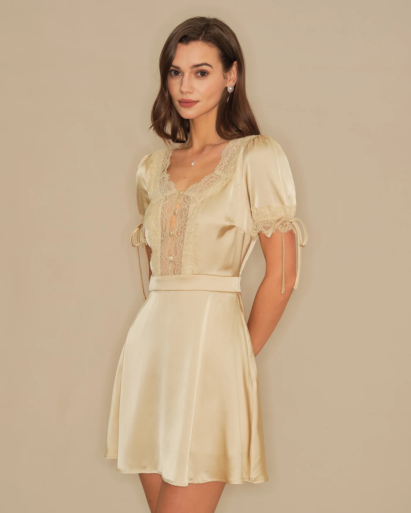 Apricot V Neck Lace Satin Mini Dress