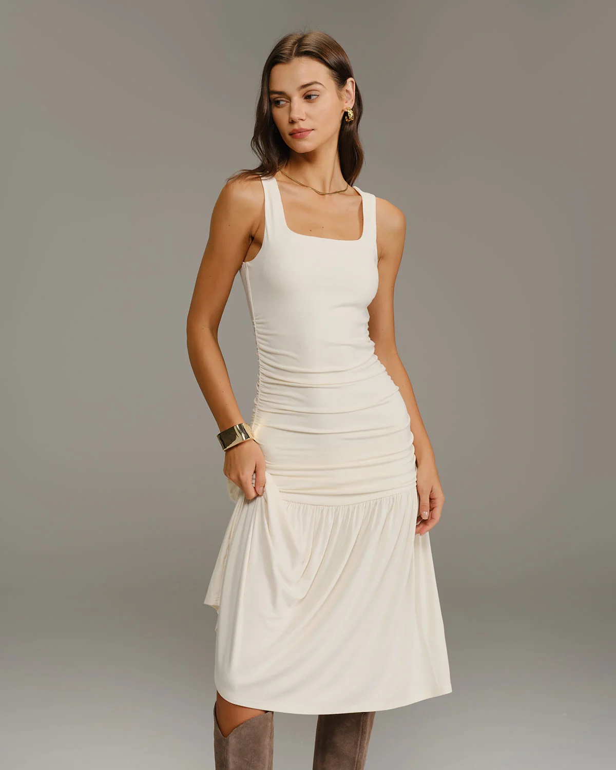 Beige Ruched A-Line Slip Midi Dress
