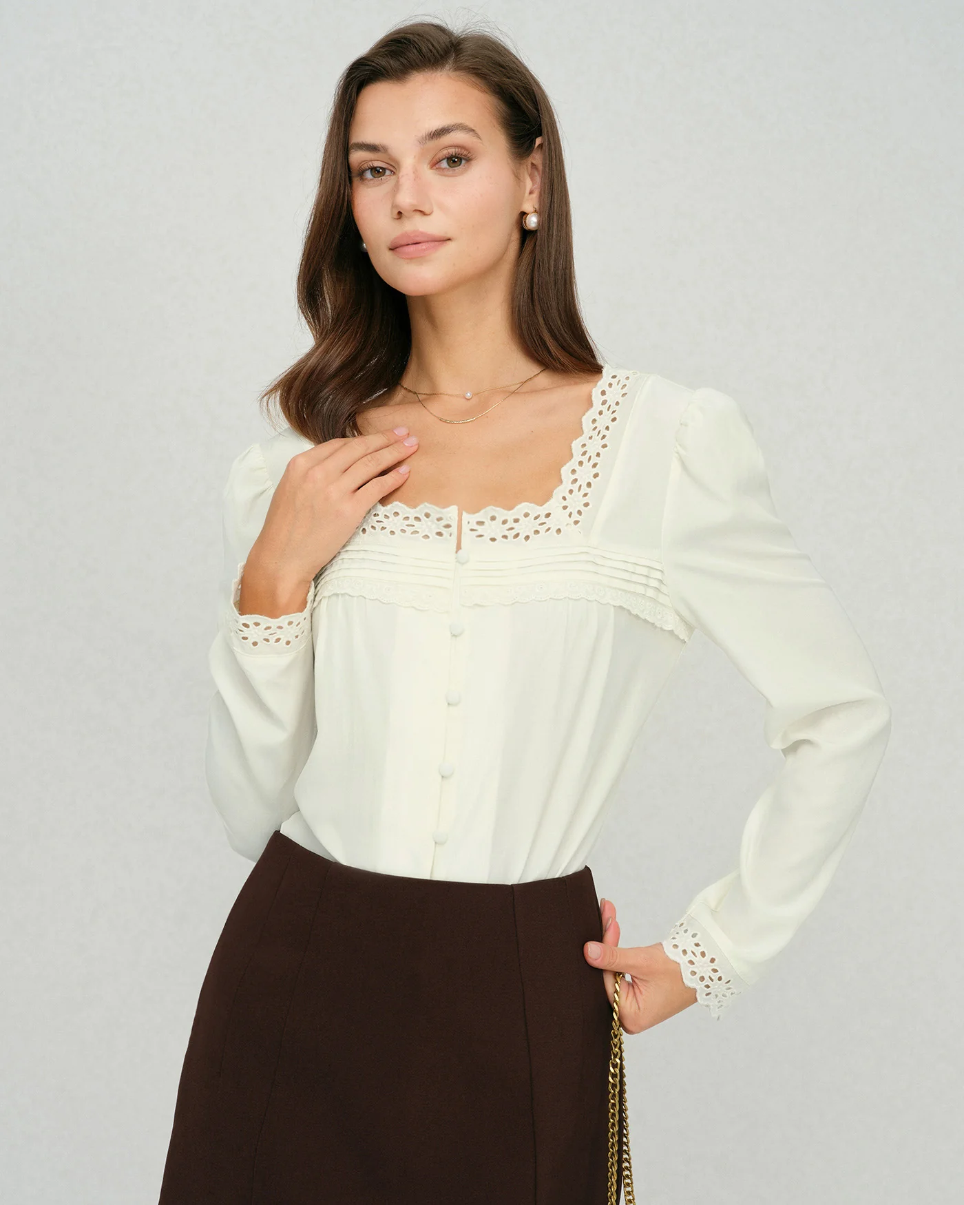 Beige Square Neck Lace Blouse