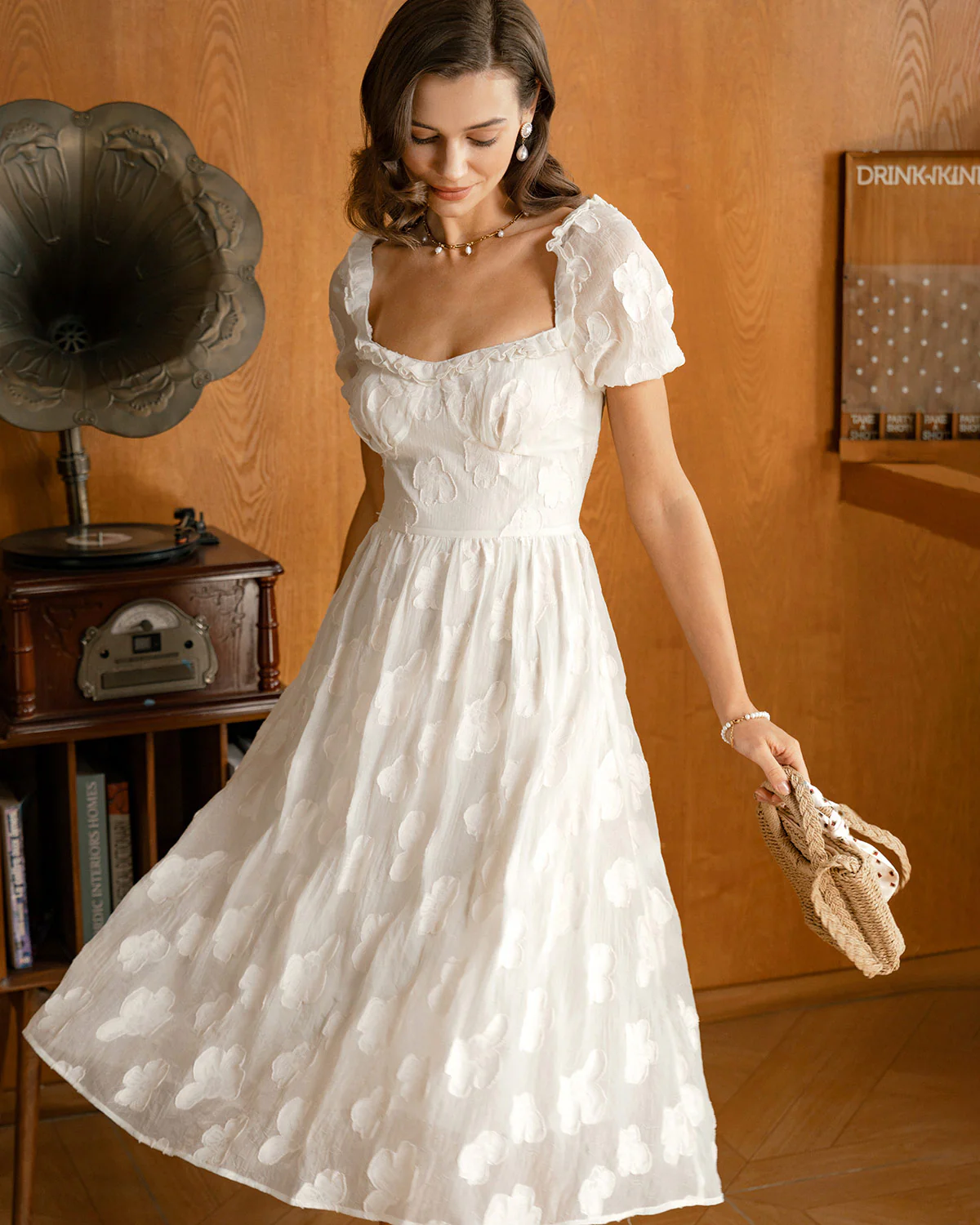 Beige Square Neck Puffed Sleeve Midi Dress - Image 2