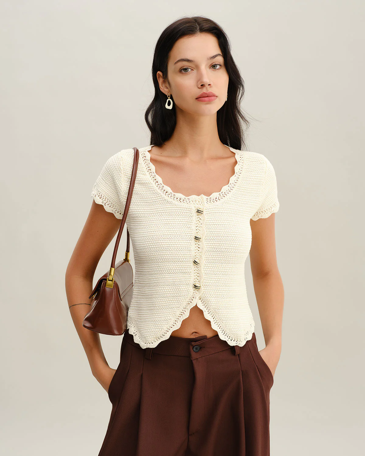 Beige U Neck Textured Cardigan