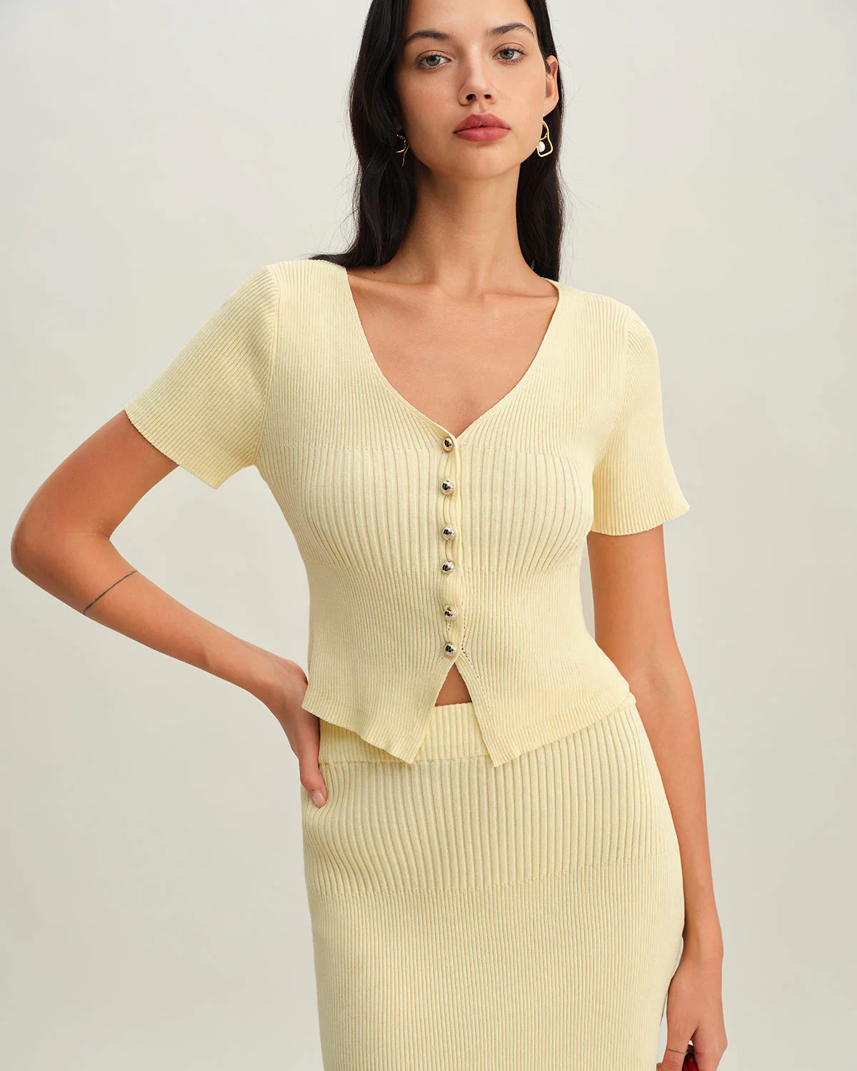 Beige V Neck Button Knit Cardigan