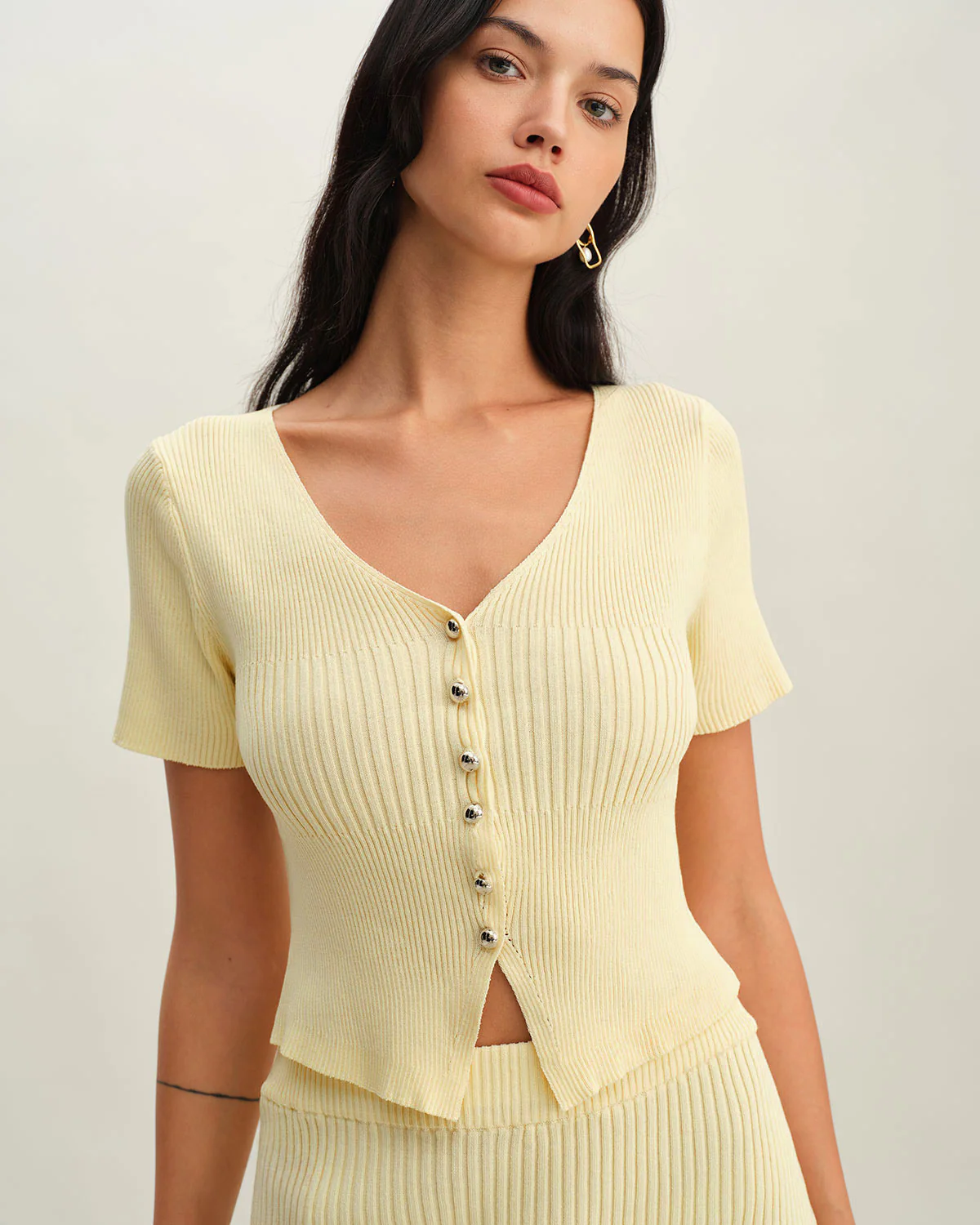 Beige V Neck Button Knit Cardigan - Image 2