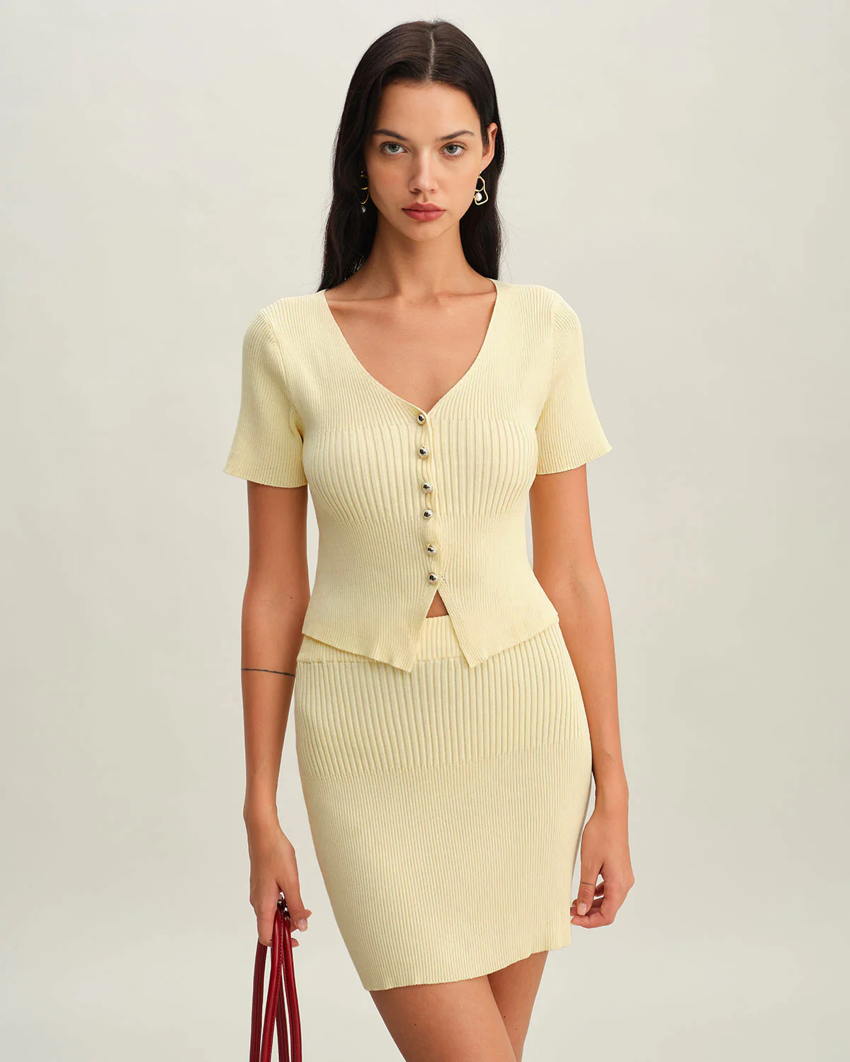Beige V Neck Button Knit Cardigan - Image 3