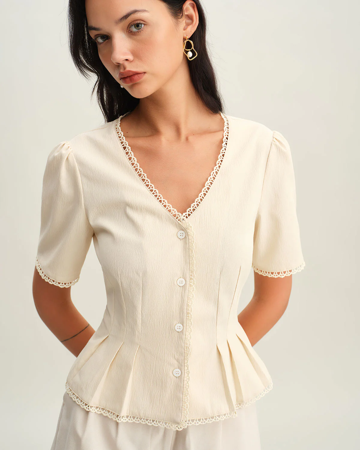 Beige V Neck Pleated Button Blouse - Image 2