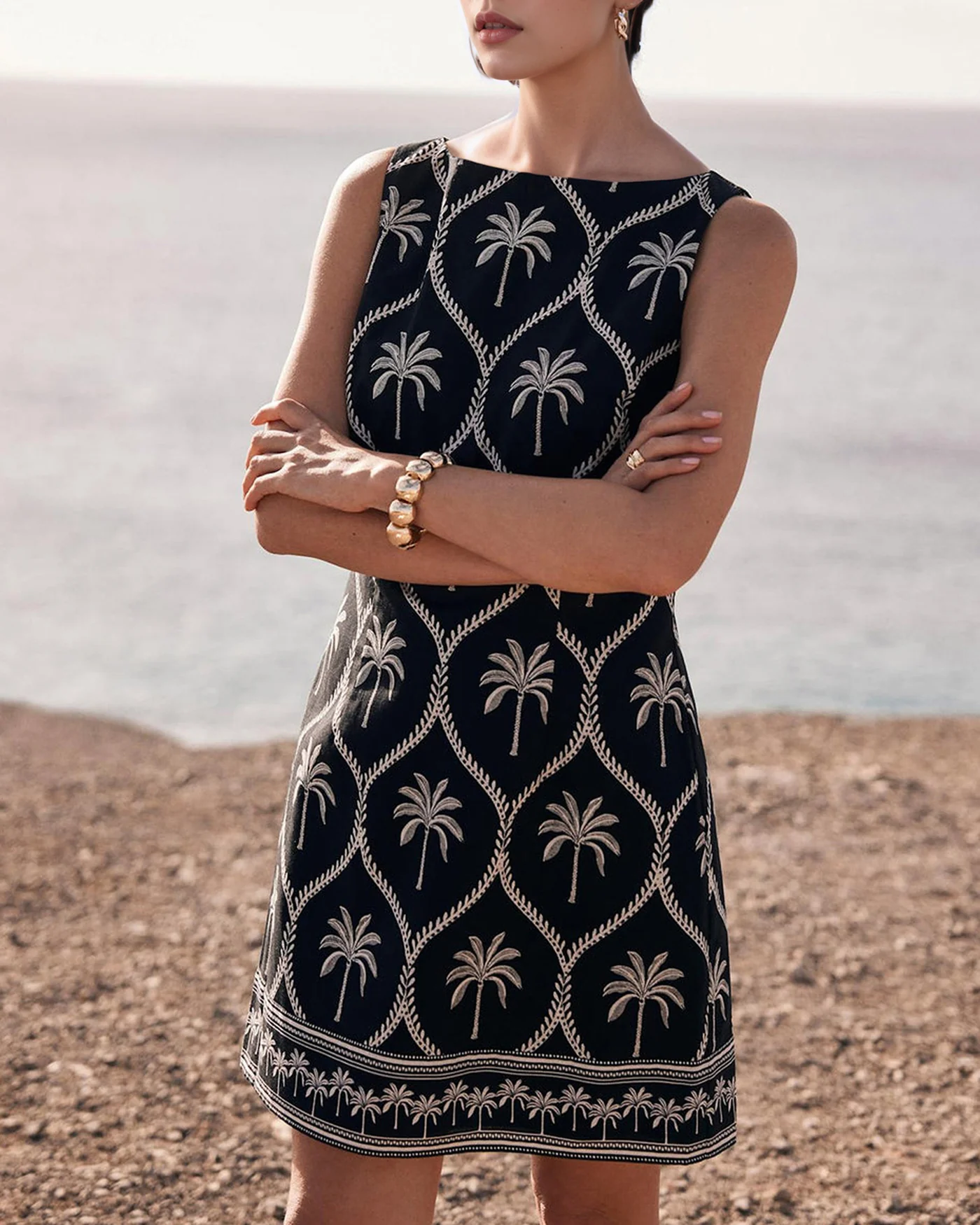 Black Boat Neck Floral Mini Dress - Image 2