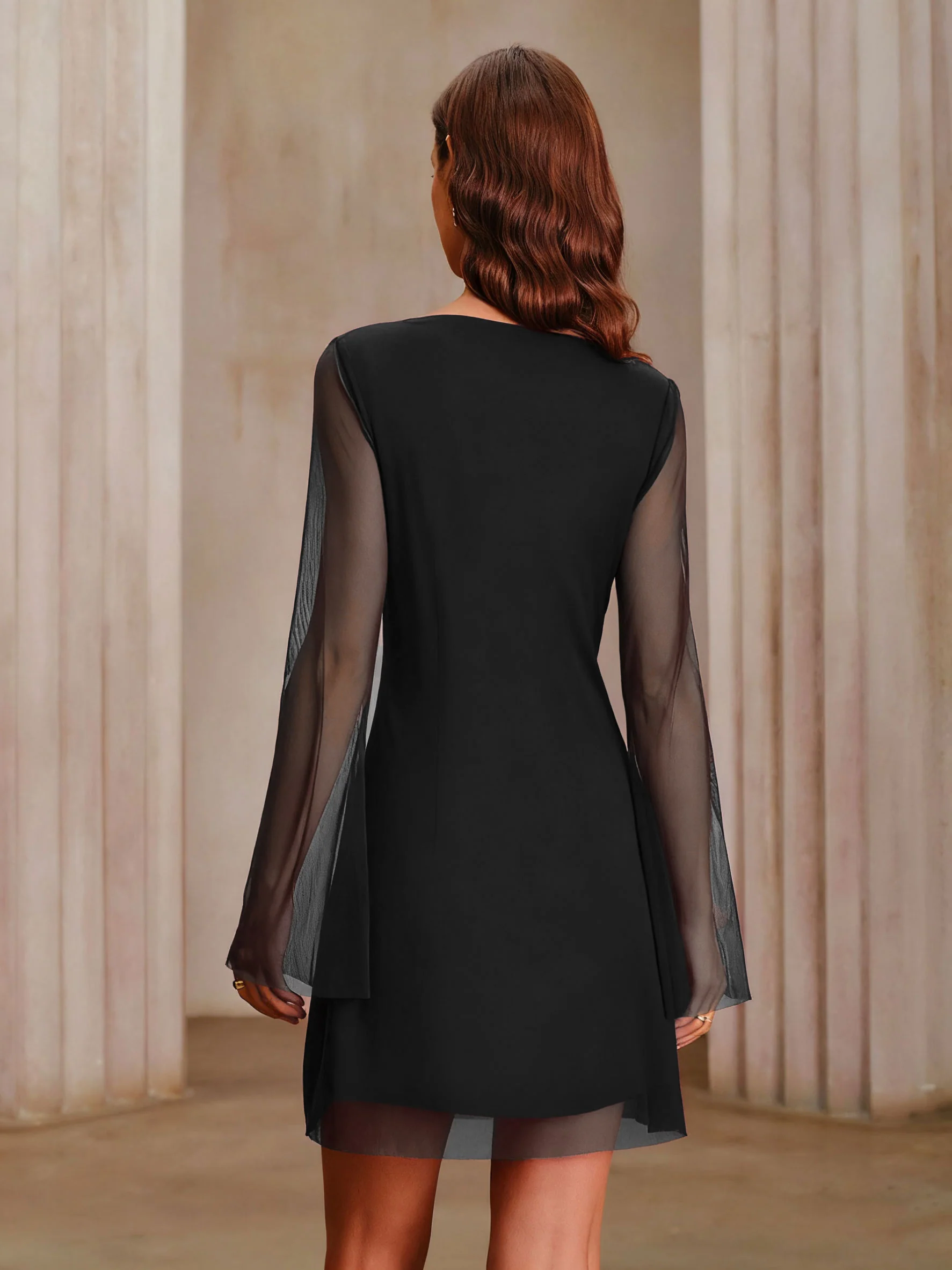 Black Boat Neck Mesh Mini Dress - Image 3