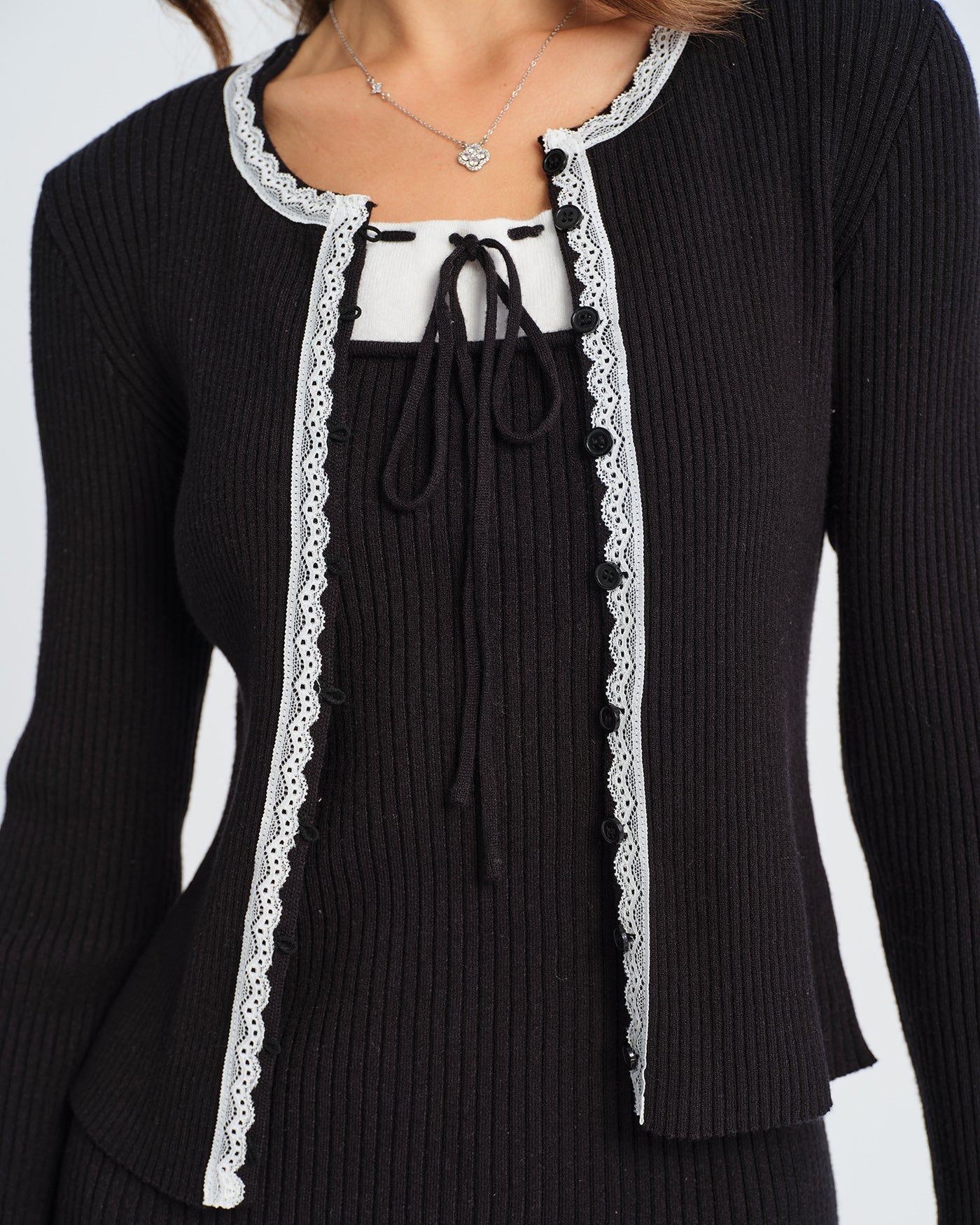 Black Contrasting Bell Sleeve Knit Cardigan - Image 2
