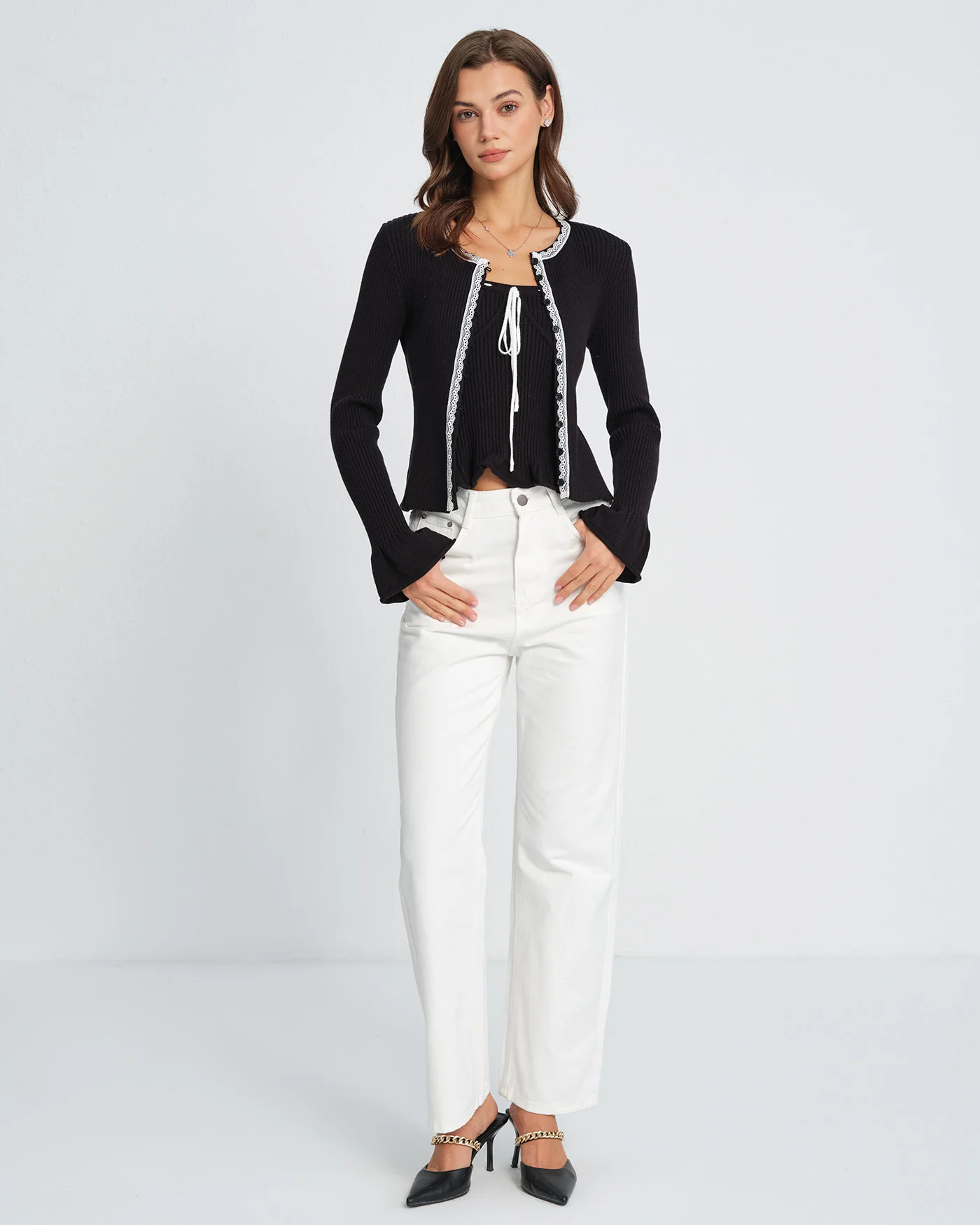 Black Contrasting Bell Sleeve Knit Cardigan - Image 5