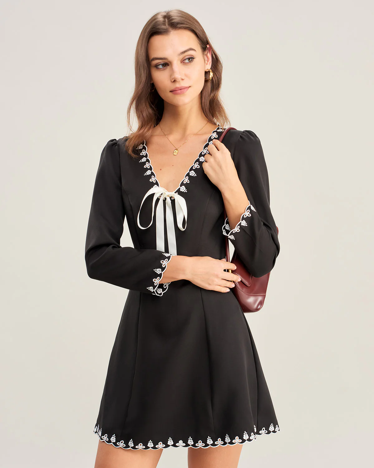 Black Contrasting Embroidery Mini Dress