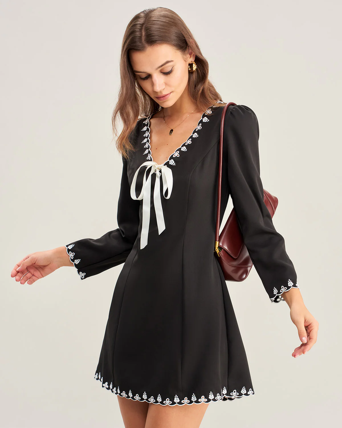Black Contrasting Embroidery Mini Dress - Image 3
