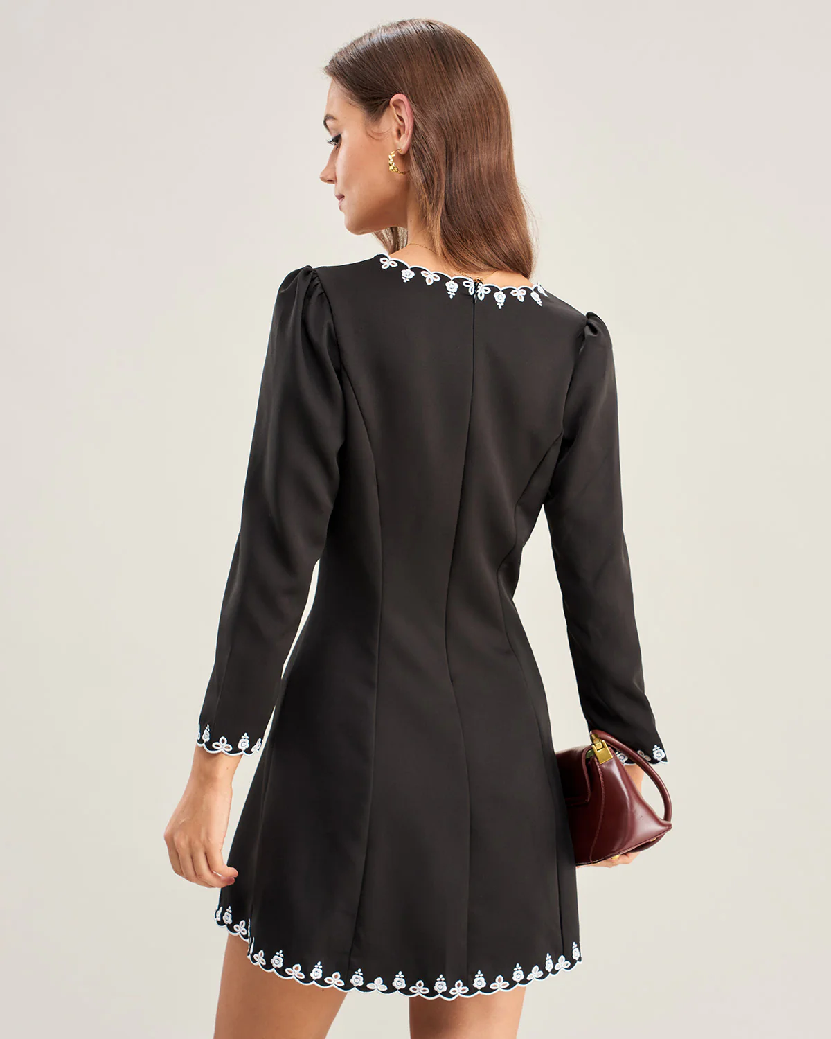 Black Contrasting Embroidery Mini Dress - Image 4