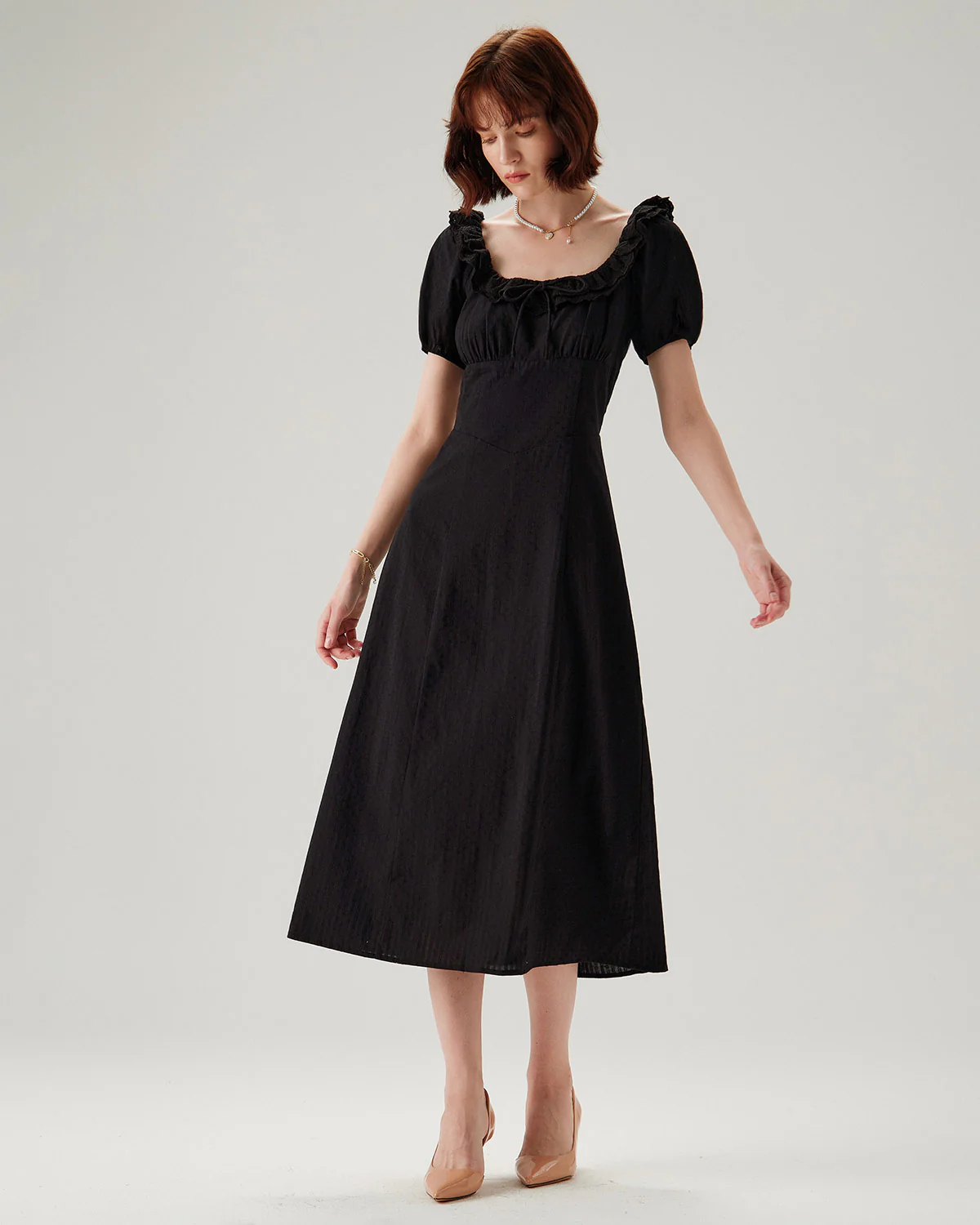 Black Embroidery Puffed Sleeve Maxi Dress - Image 3