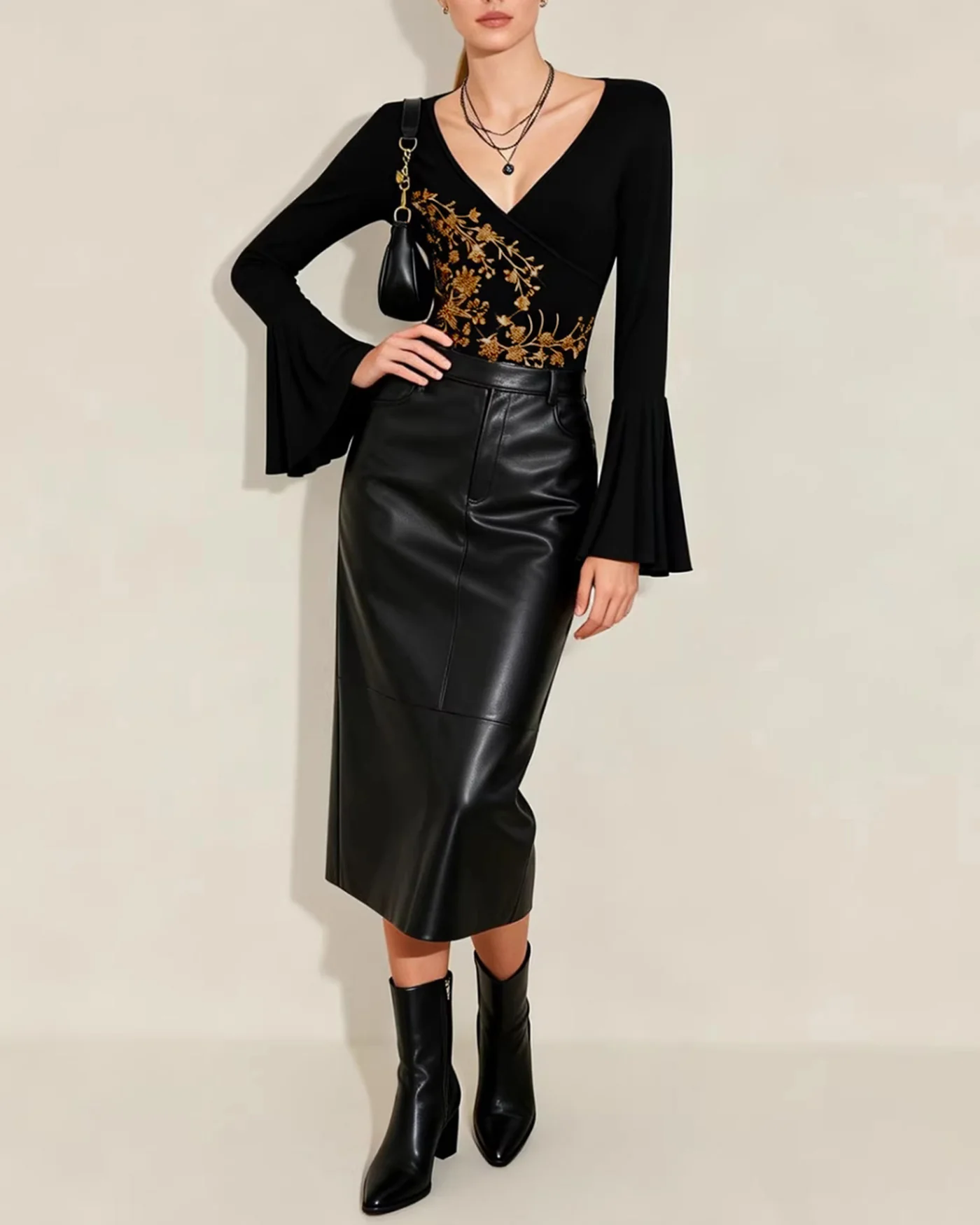 Black Floral Bell Sleeve Knit Tee - Image 3