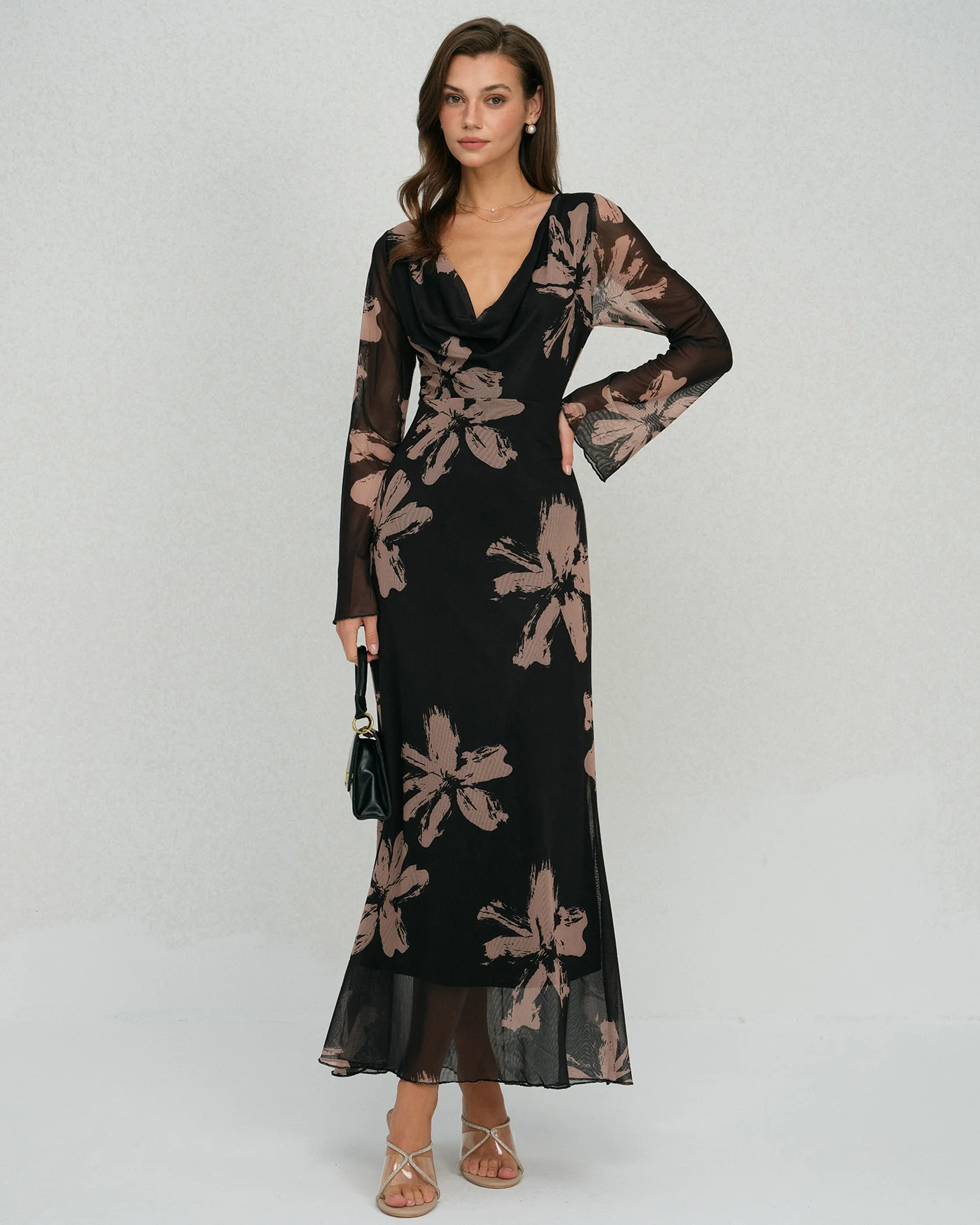 Black Floral Cowl Neck Maxi Dress