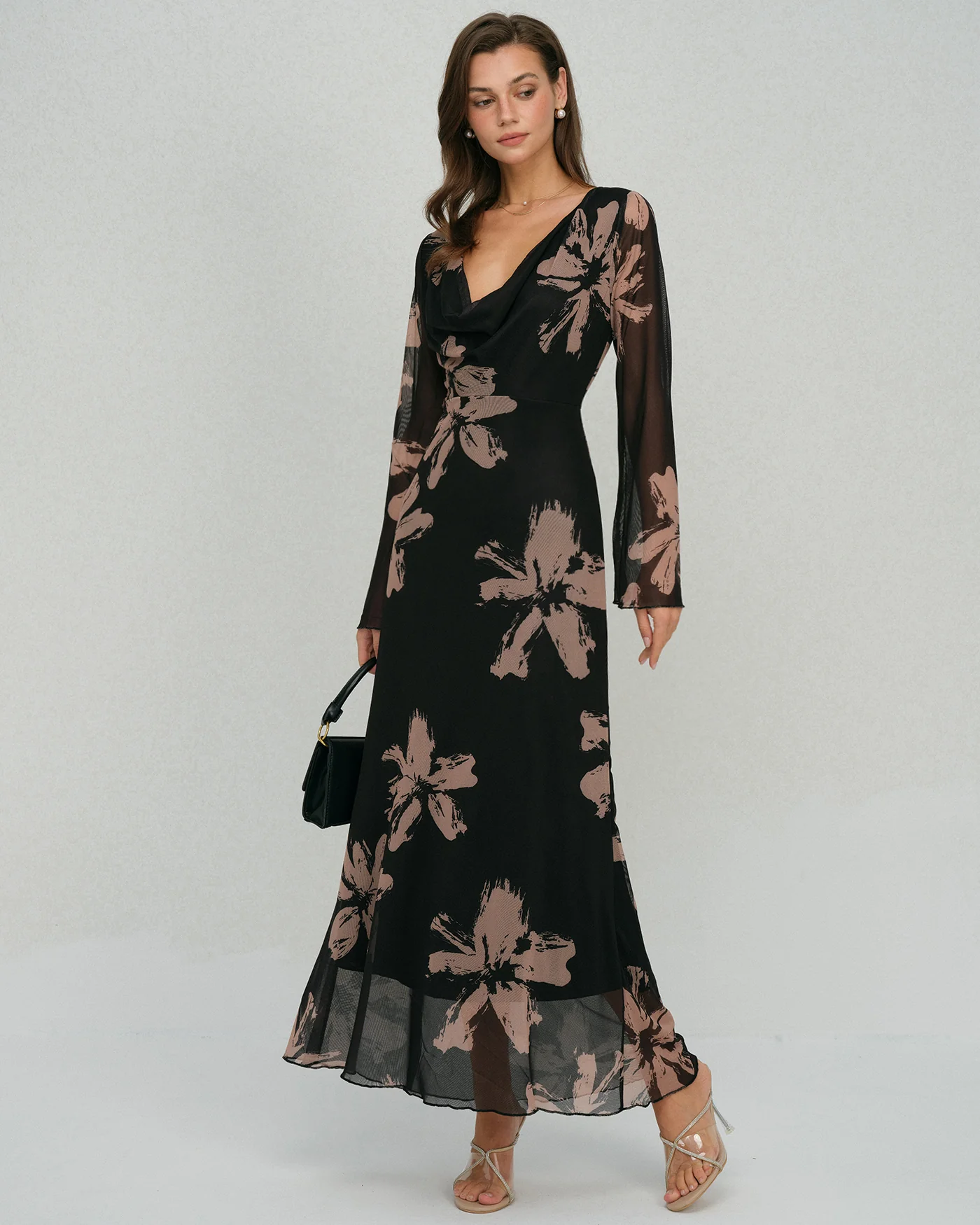 Black Floral Cowl Neck Maxi Dress - Image 3
