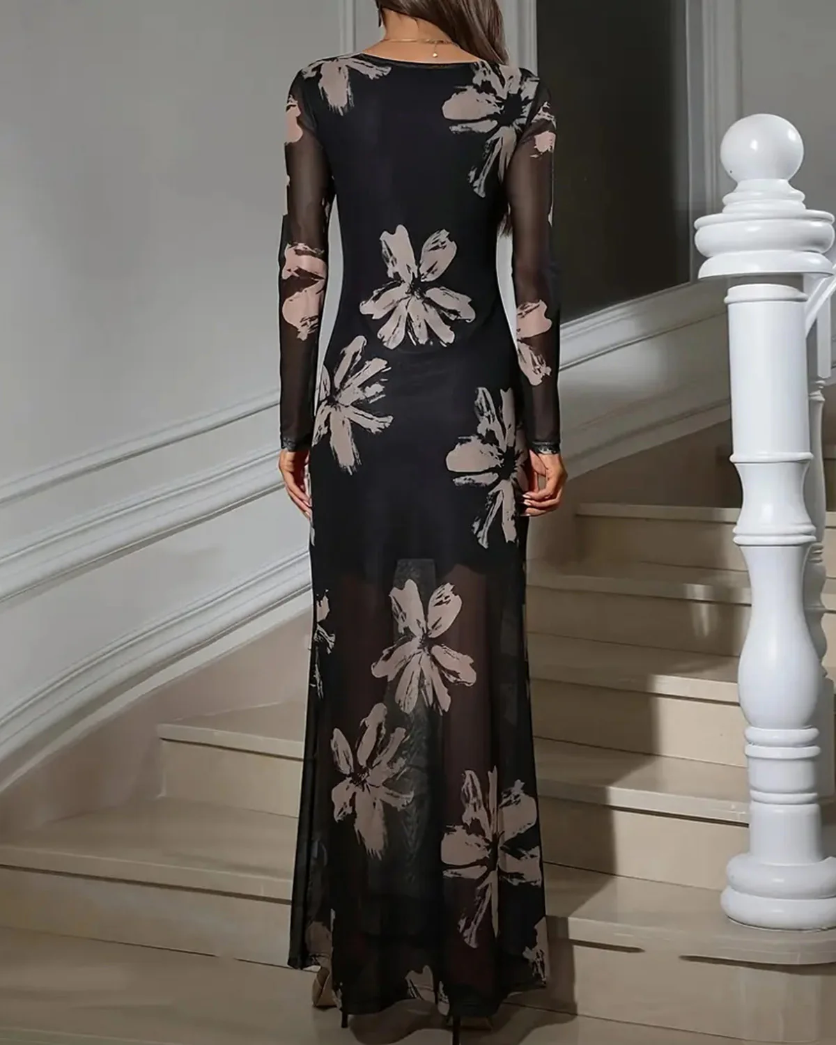 Black Floral See Through Maxi Dress - Image 4