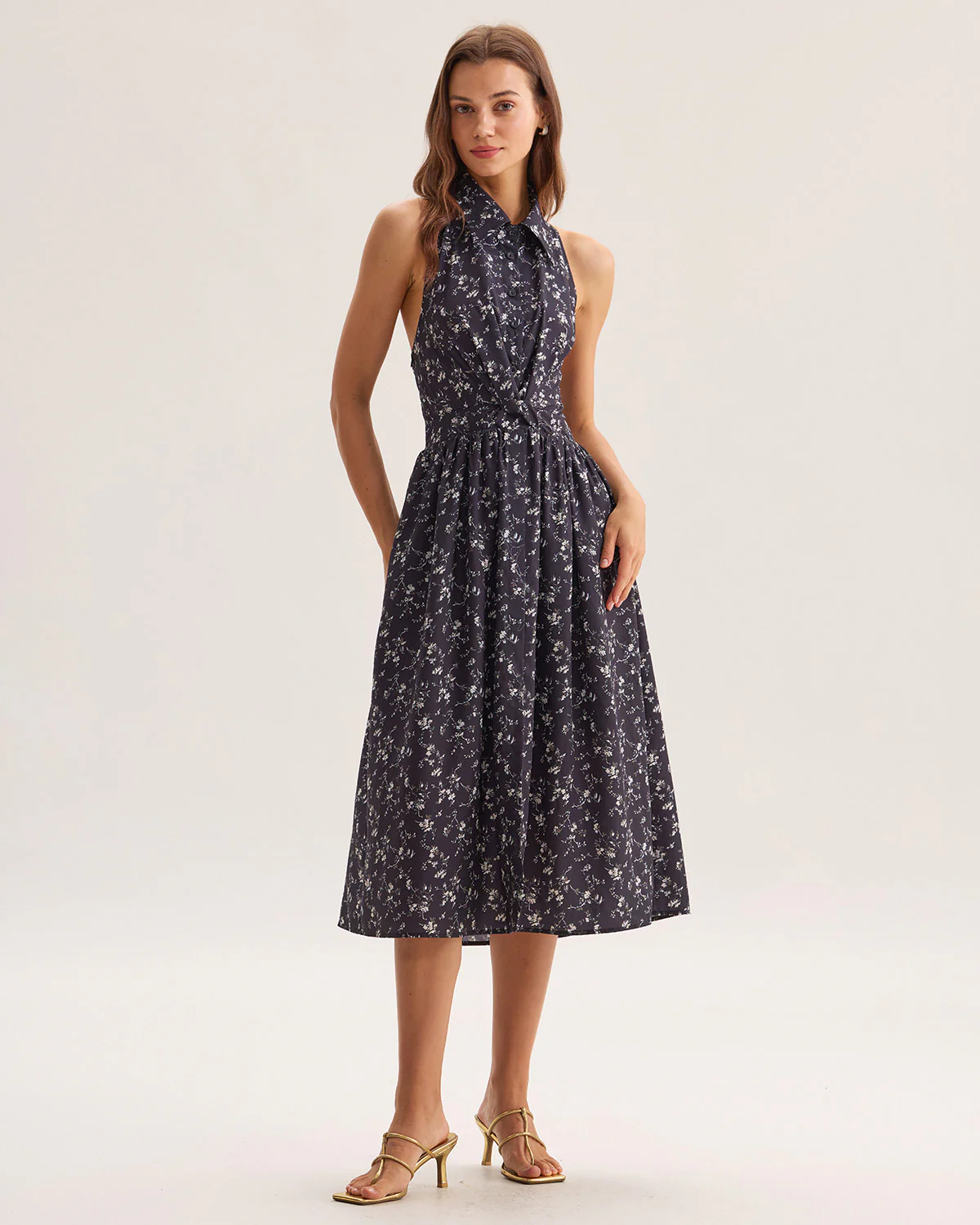 Black Floral Shirred Backless Midi Dress - Image 4