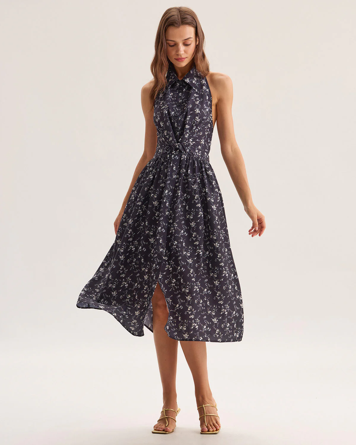 Black Floral Shirred Backless Midi Dress - Image 5