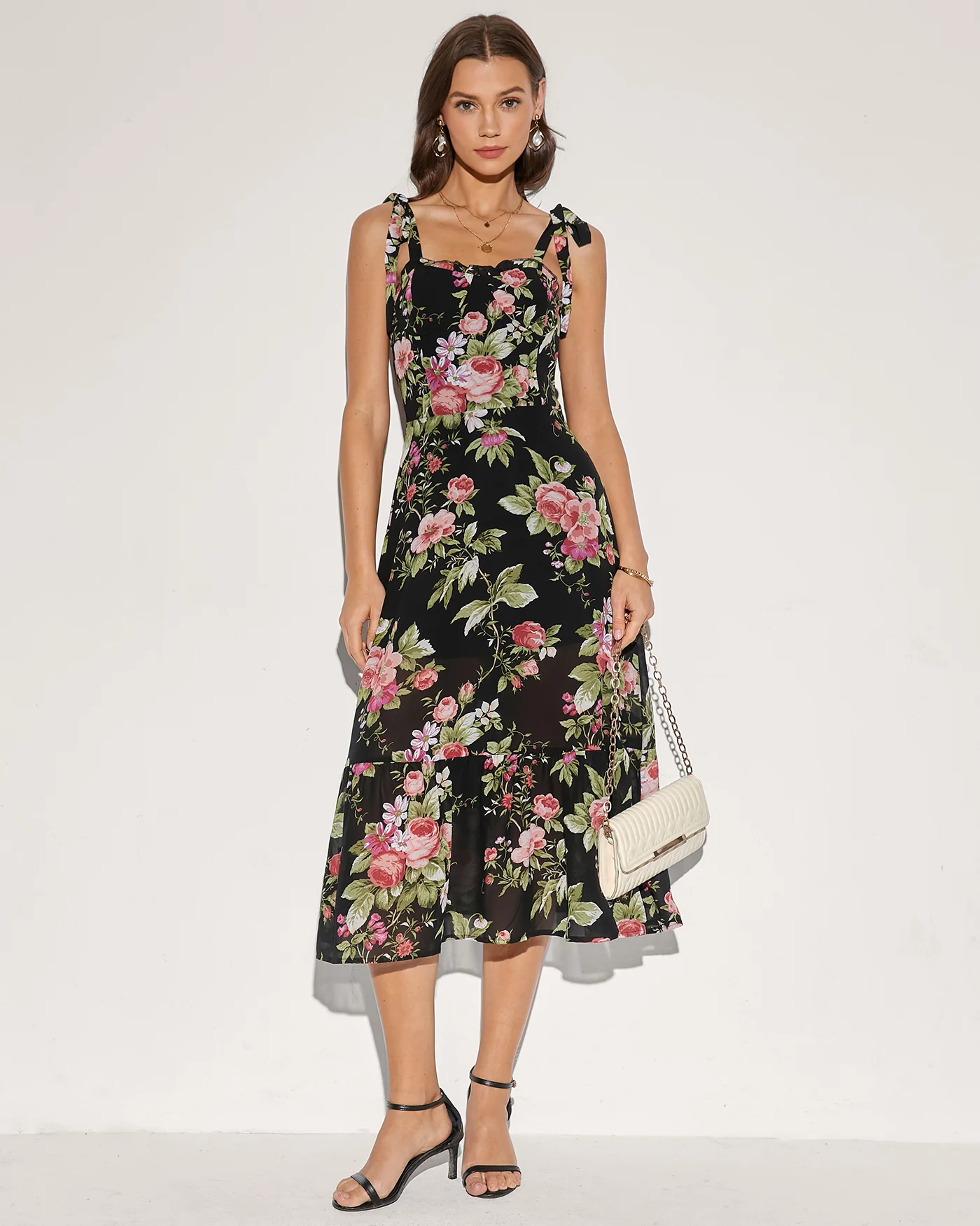 Black Floral Tie Strap Midi Dress - Image 2