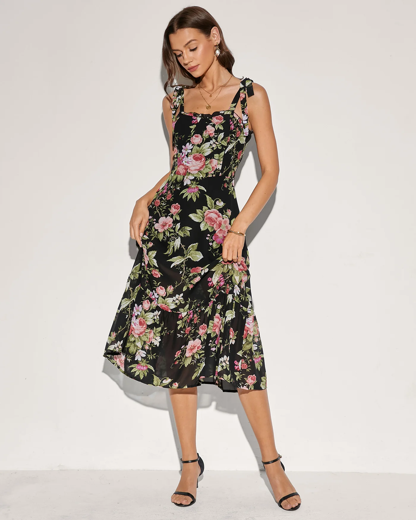Black Floral Tie Strap Midi Dress - Image 3