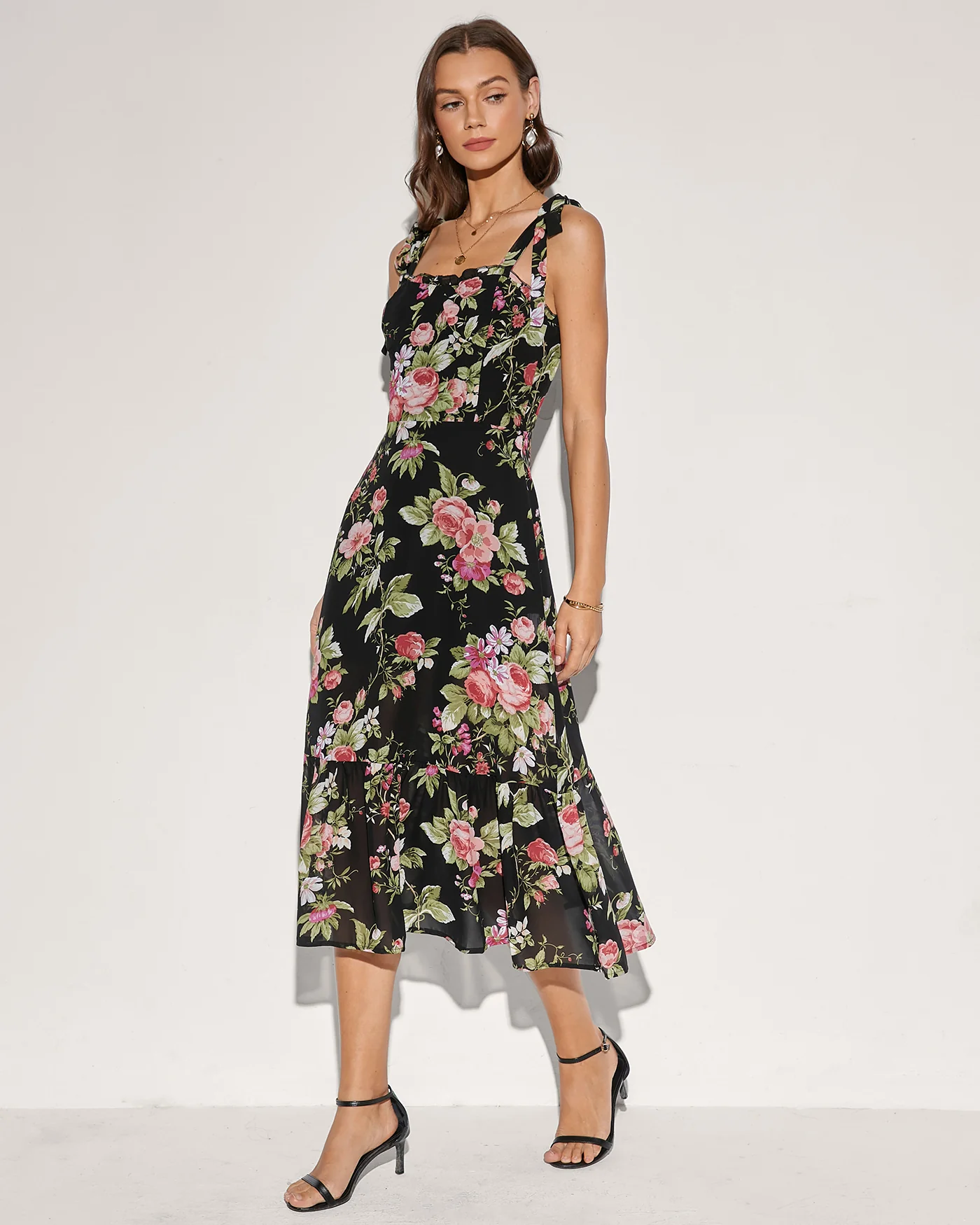Black Floral Tie Strap Midi Dress - Image 4